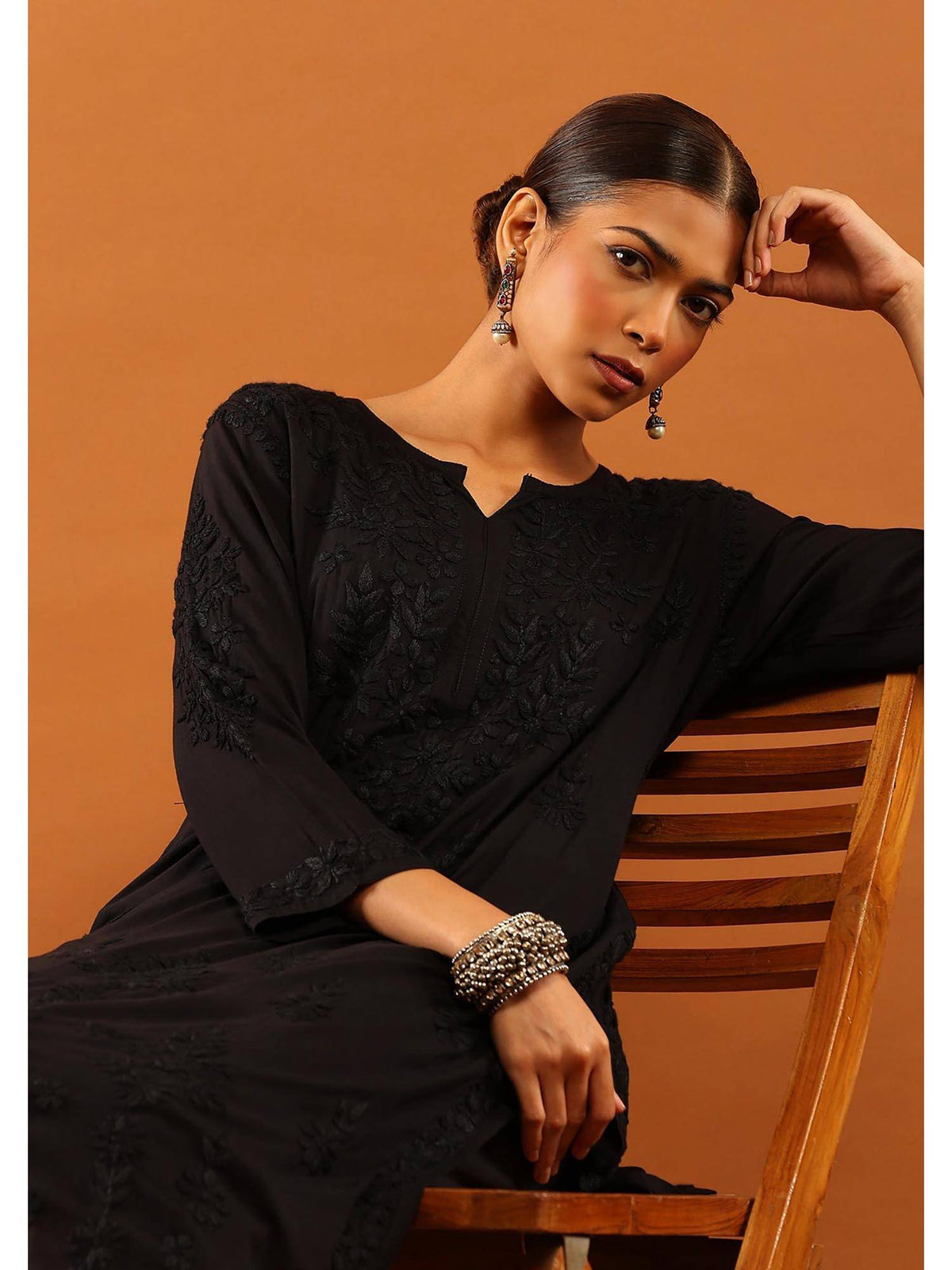 Fenal Modal Chikankari Solid Womens Straight Kurta with Pockets - Black | U3S - view 3