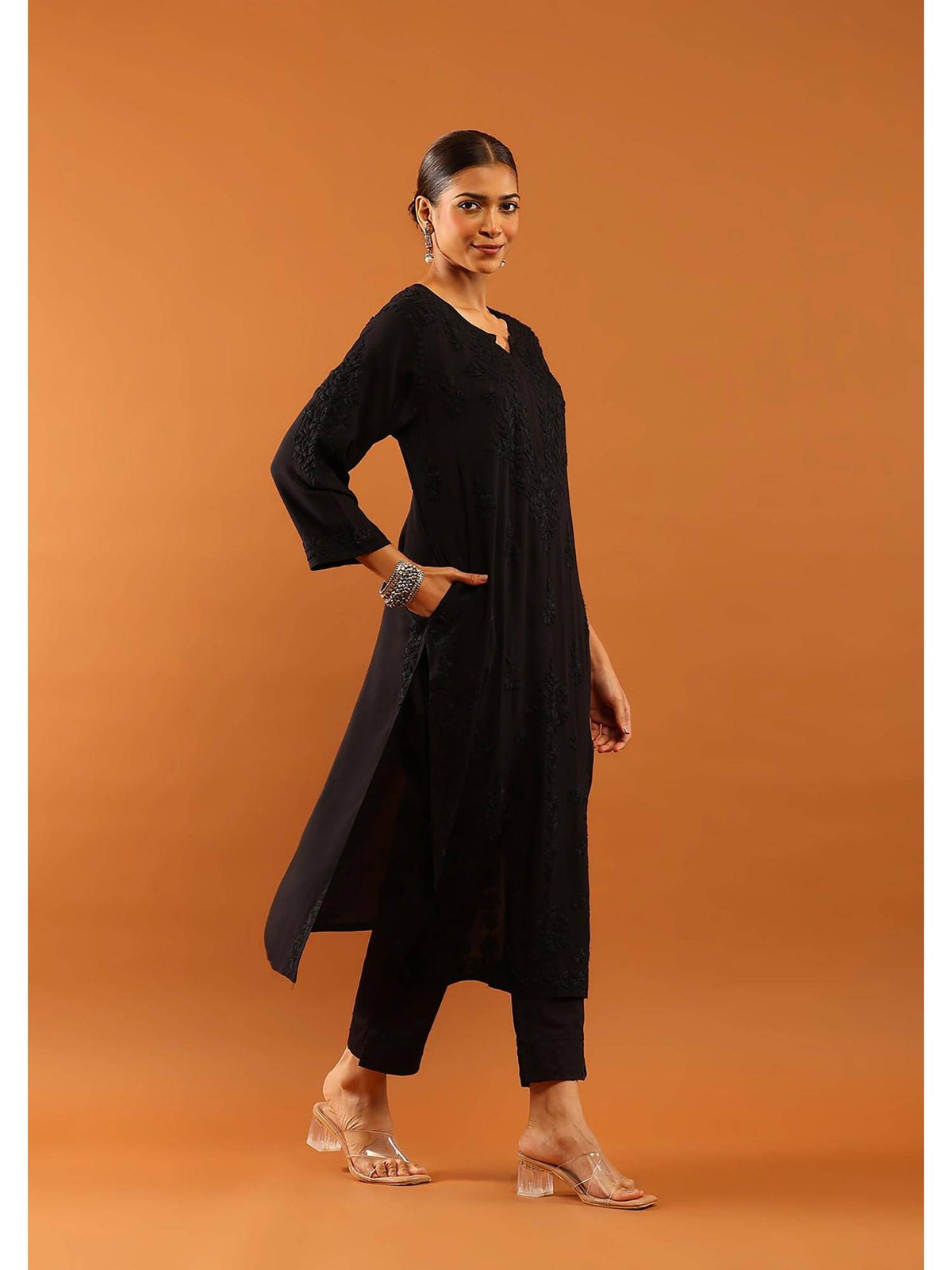 Fenal Modal Chikankari Solid Womens Straight Kurta with Pockets - Black | FY93 - view 4