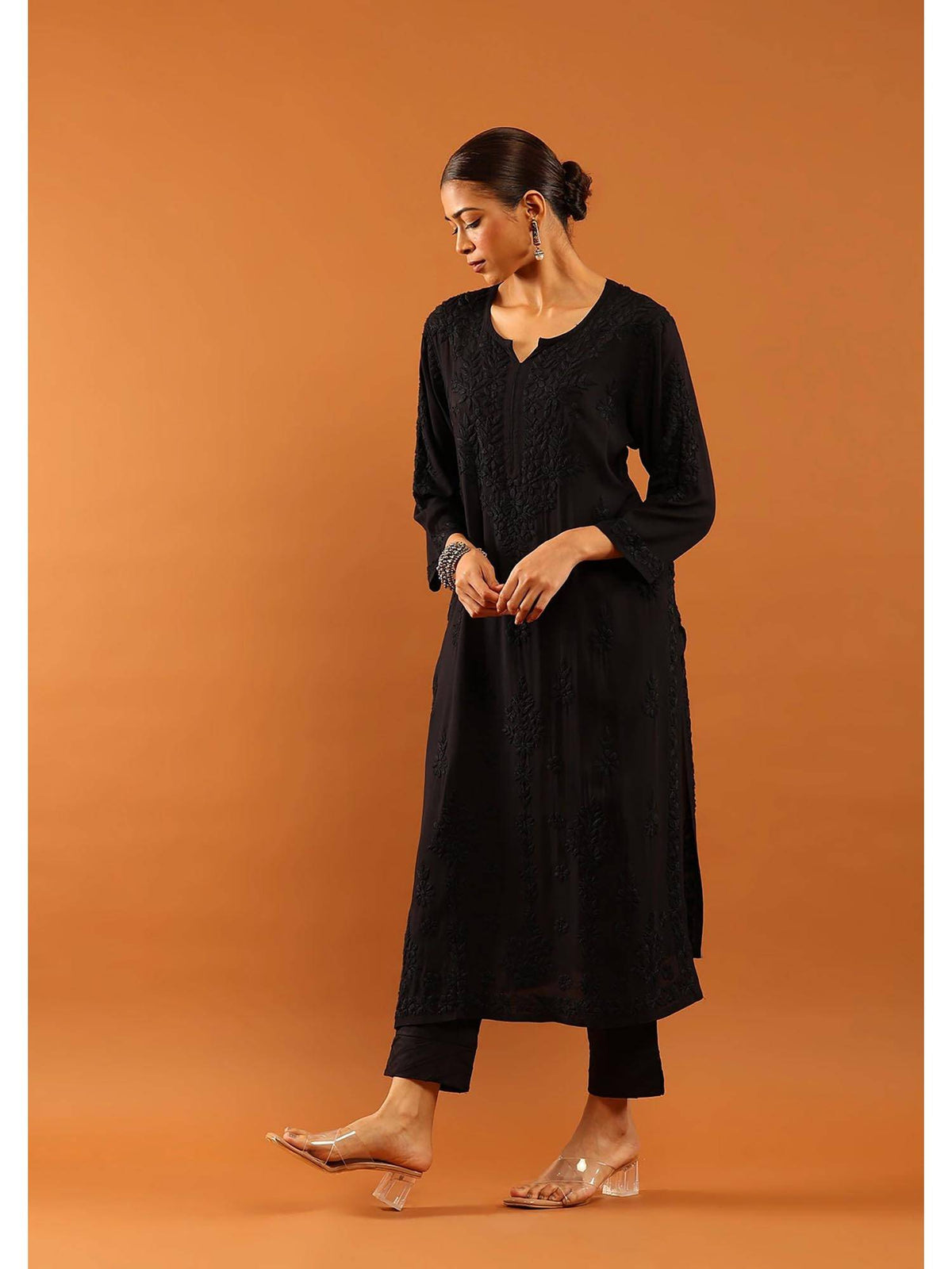 Fenal Modal Chikankari Solid Womens Straight Kurta with Pockets - Black | FY93 - view 6