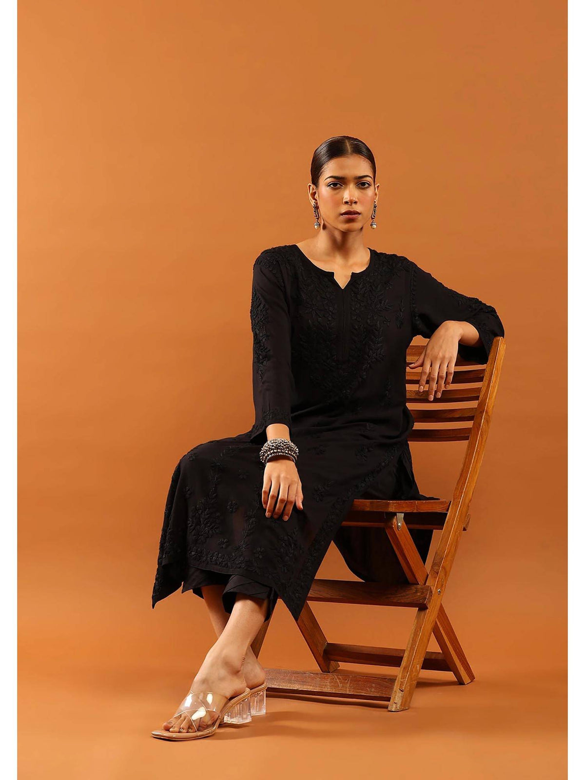Fenal Modal Chikankari Solid Womens Straight Kurta with Pockets - Black | FY93 - view 7