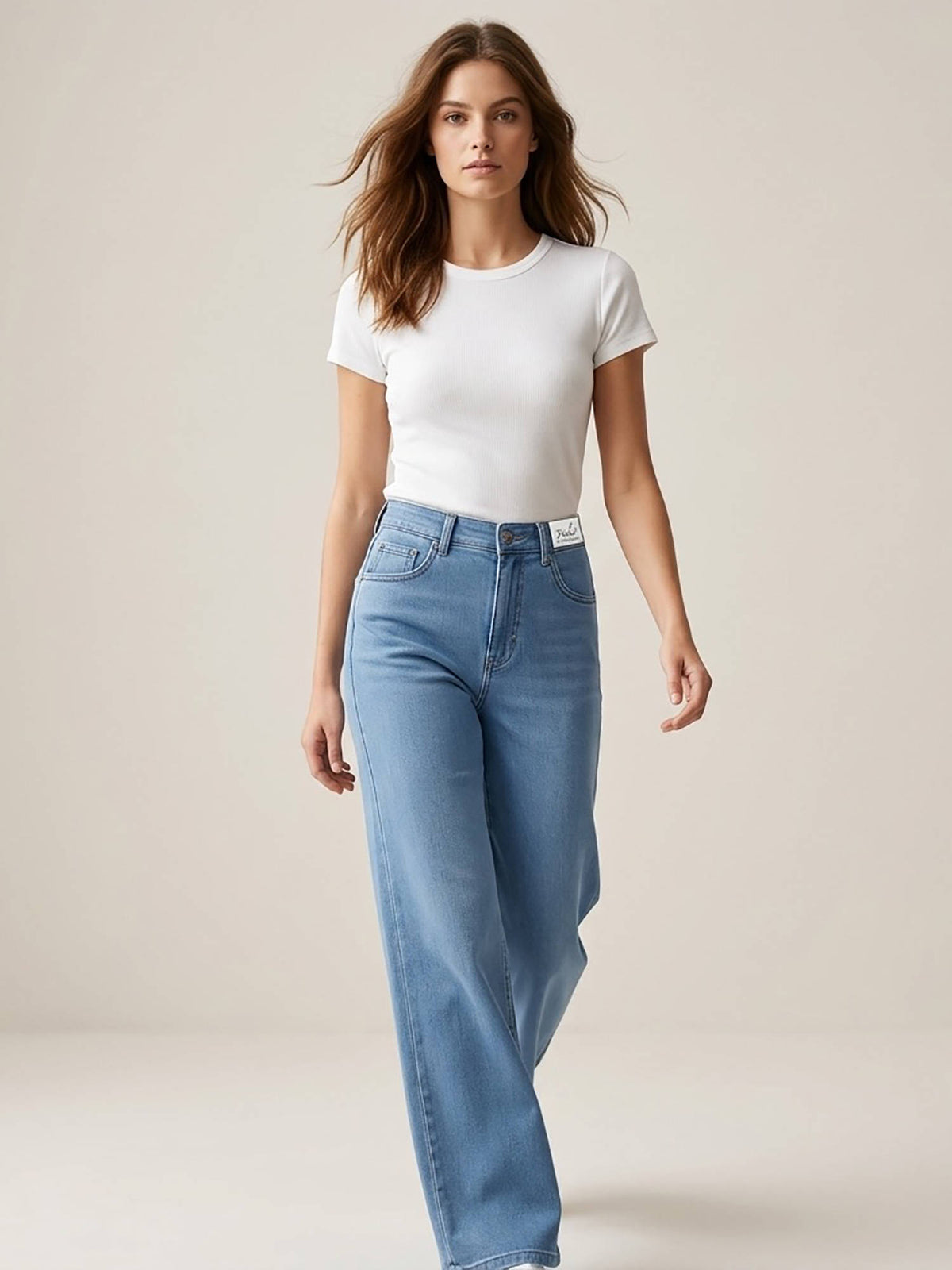 Blue Women High Waist Cotton Solid Straight Leg Jeans | BG78 - view 1