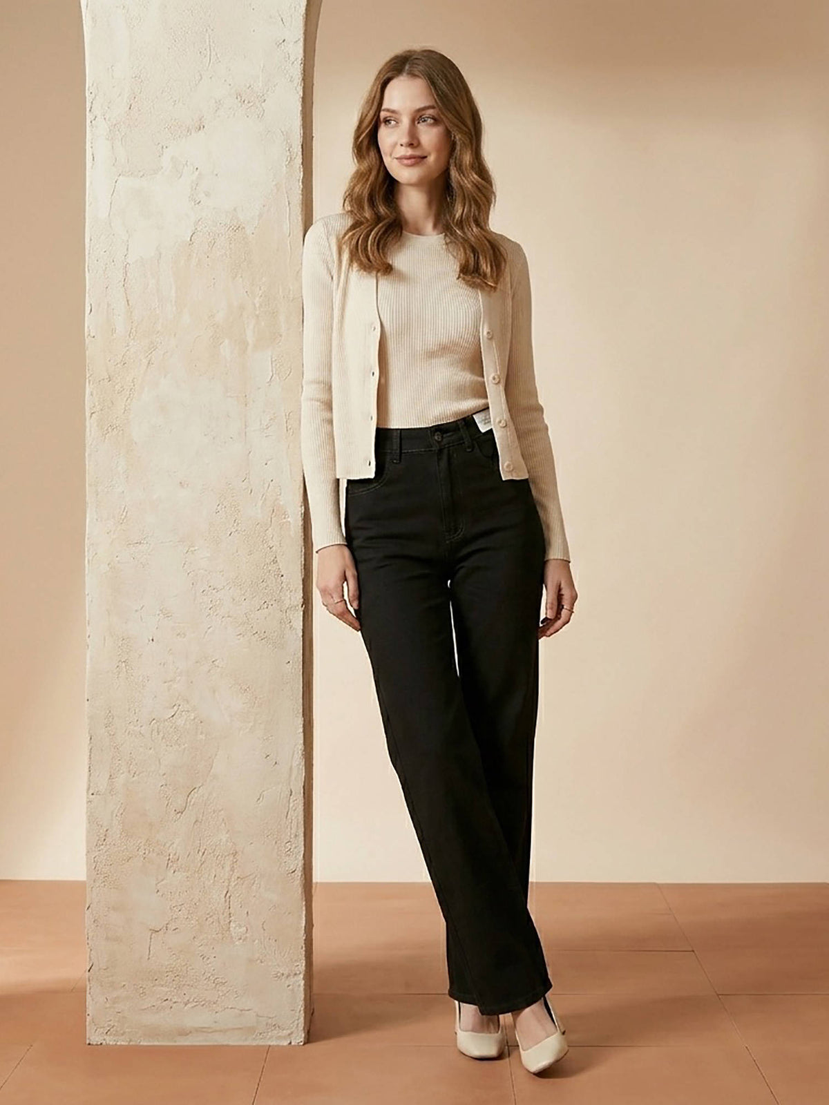 Black Women High Waist Cotton Solid Straight Leg Jeans | ST23 - view 2