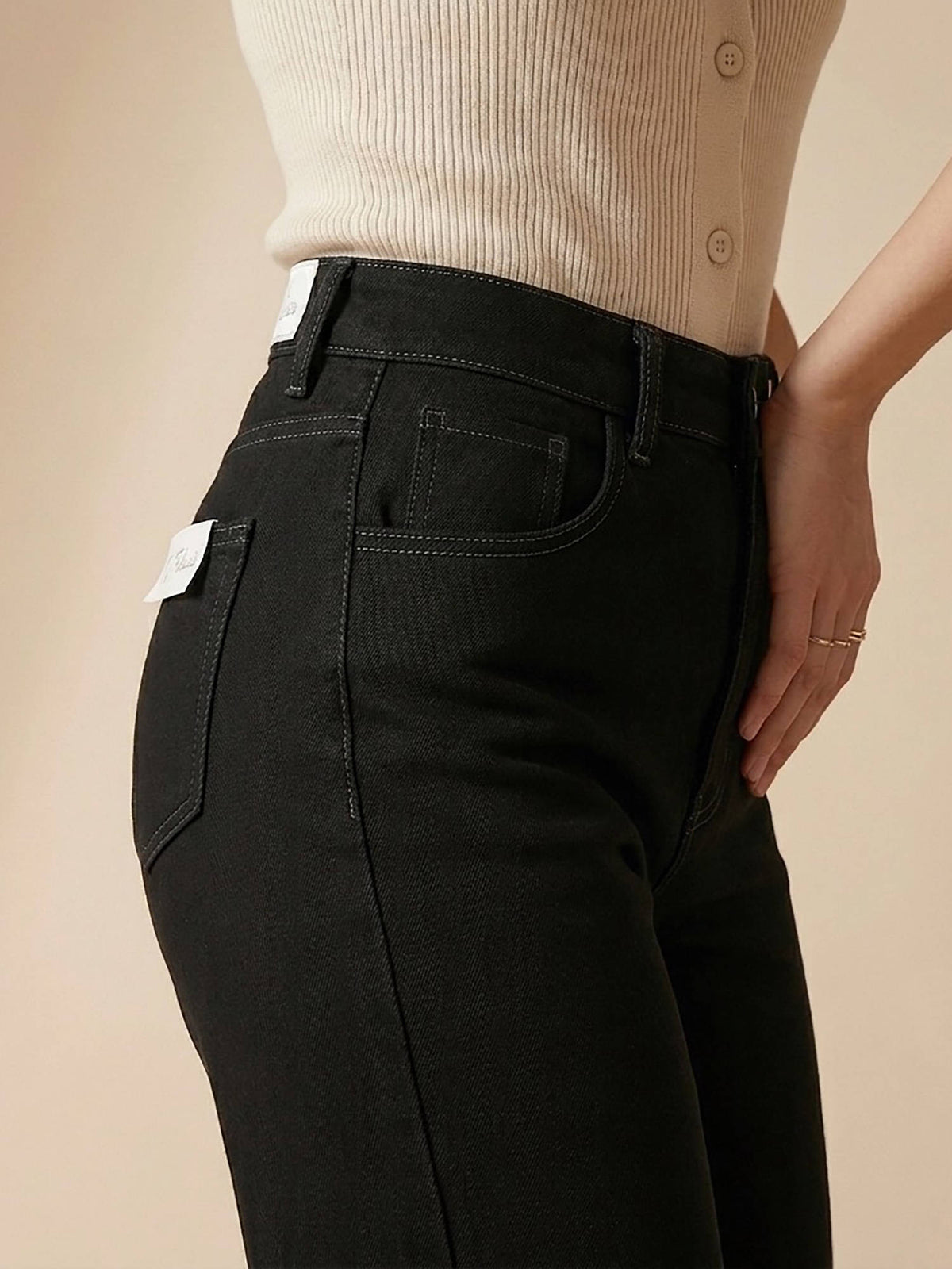 Black Women High Waist Cotton Solid Straight Leg Jeans | ST23 - view 4