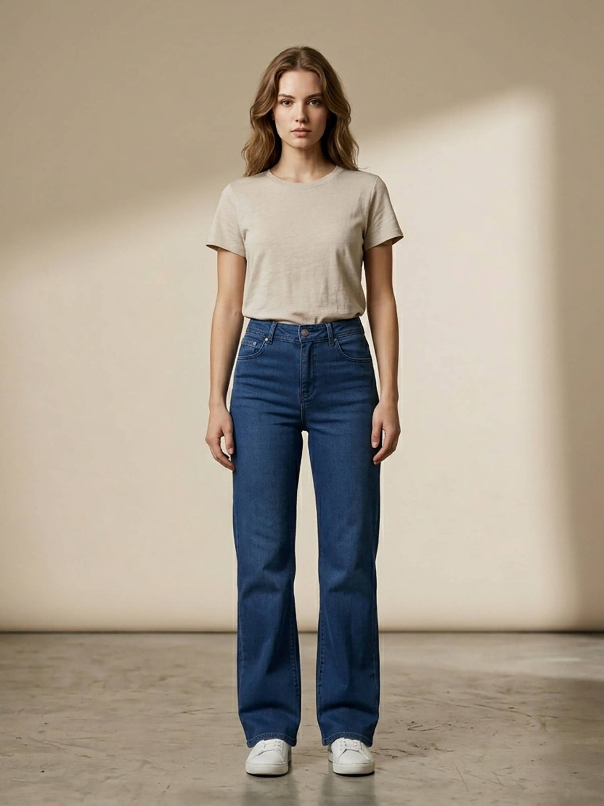 Blue Women's High Waist Cotton Solid Straight Leg Jeans | ST23 - view 1