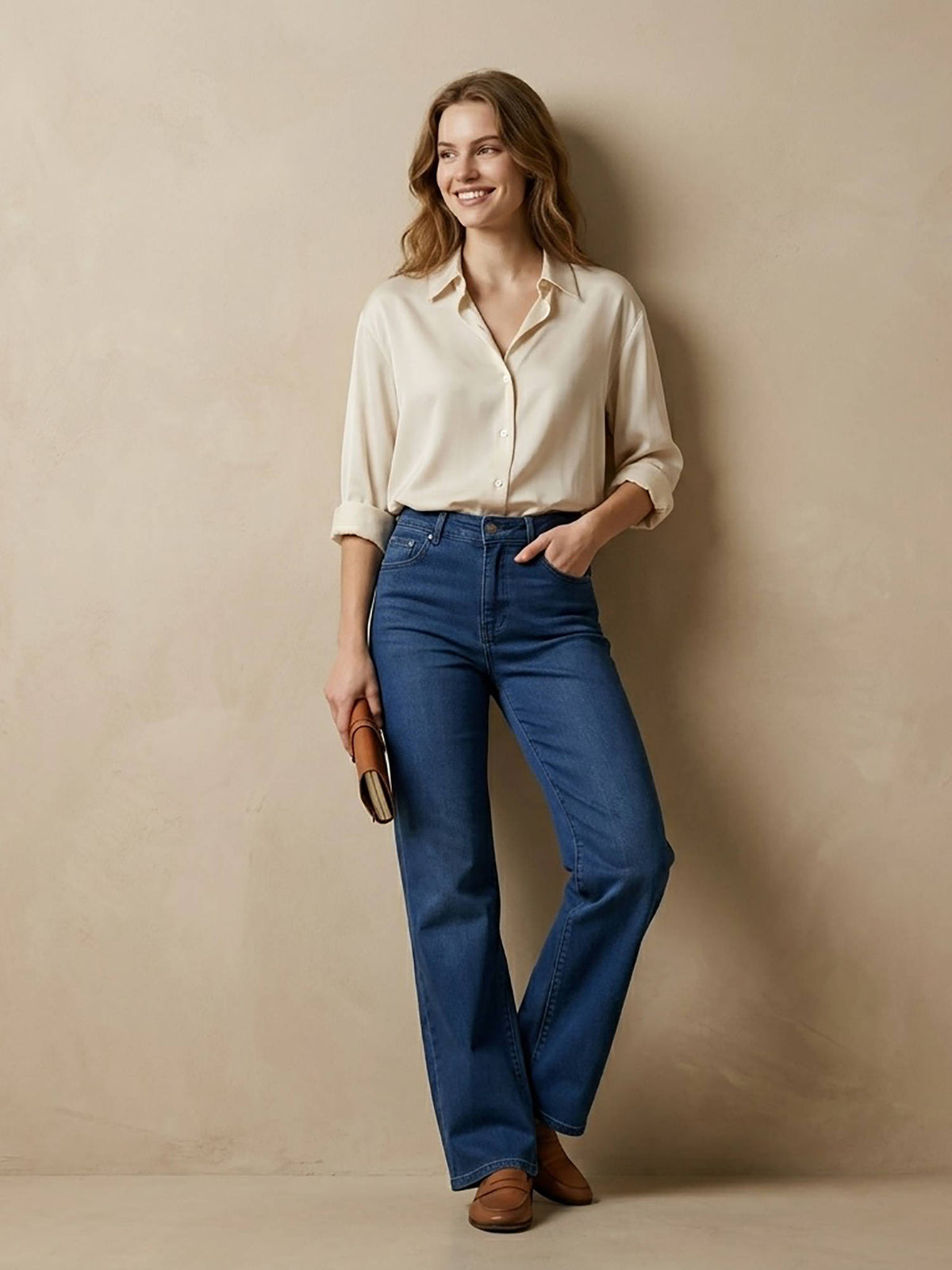 Blue Women's High Waist Cotton Solid Straight Leg Jeans | ST23 - view 2