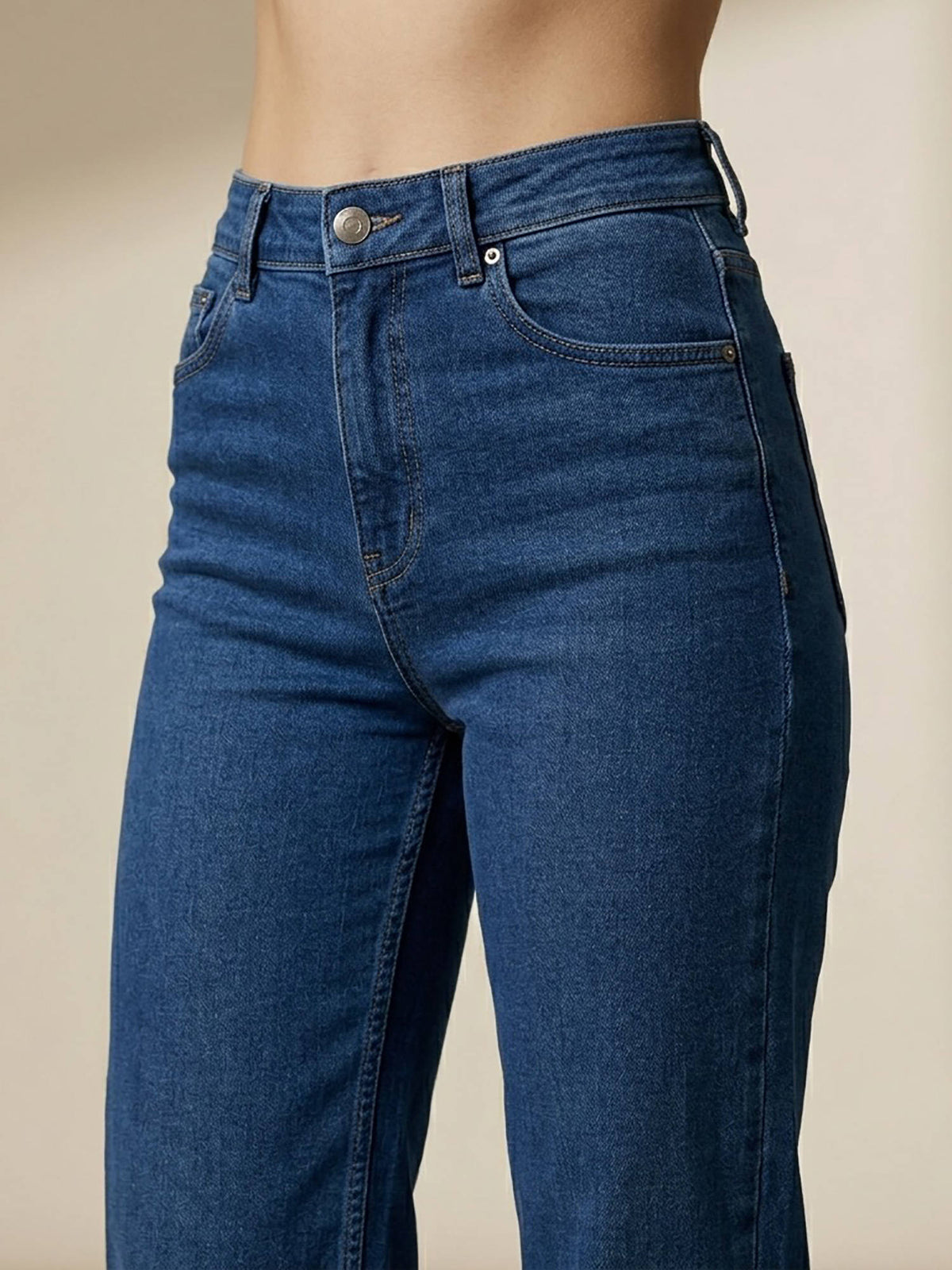Blue Women's High Waist Cotton Solid Straight Leg Jeans | ST23 - view 3