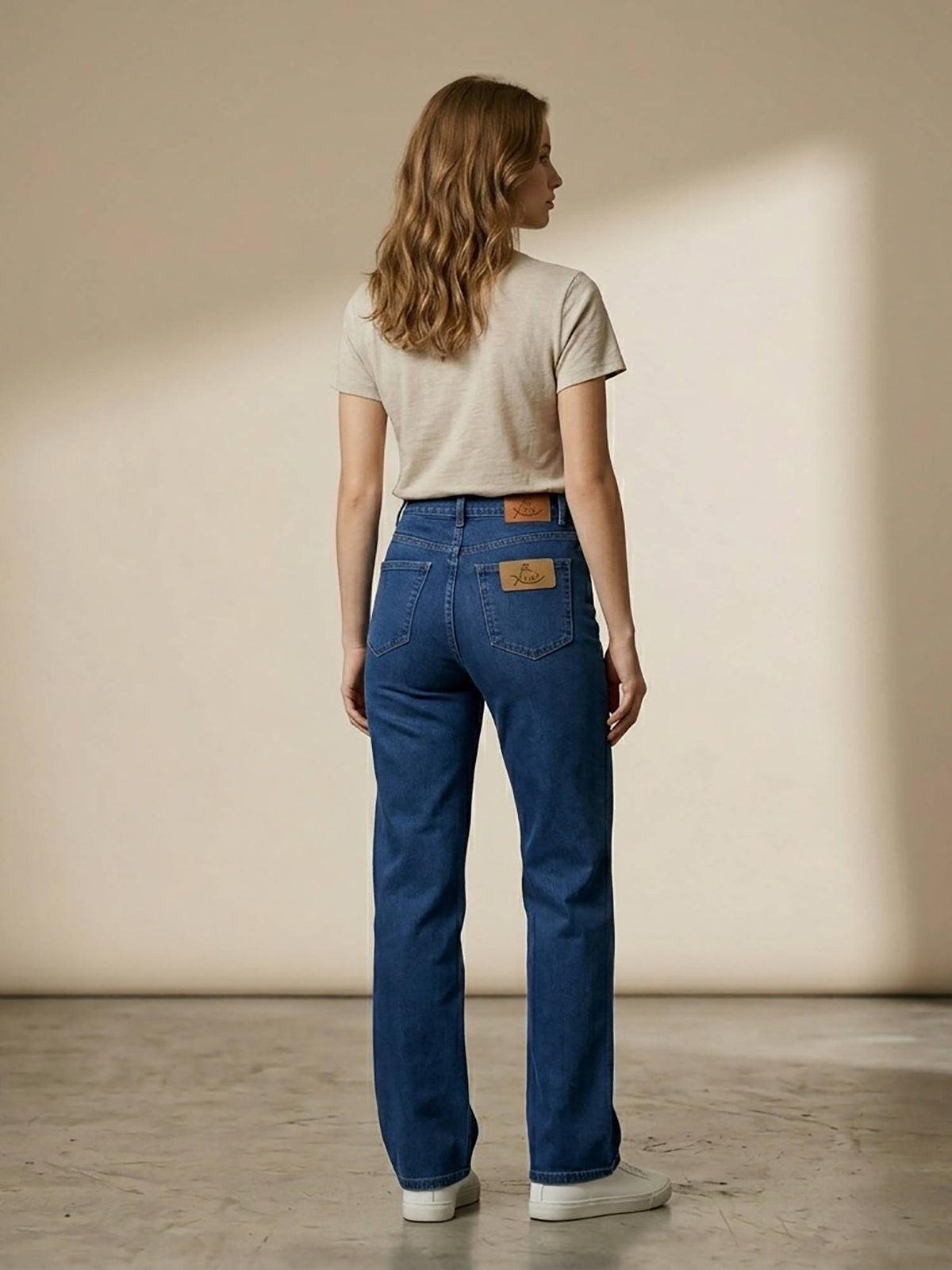 Blue Women's High Waist Cotton Solid Straight Leg Jeans | ST23 - view 4