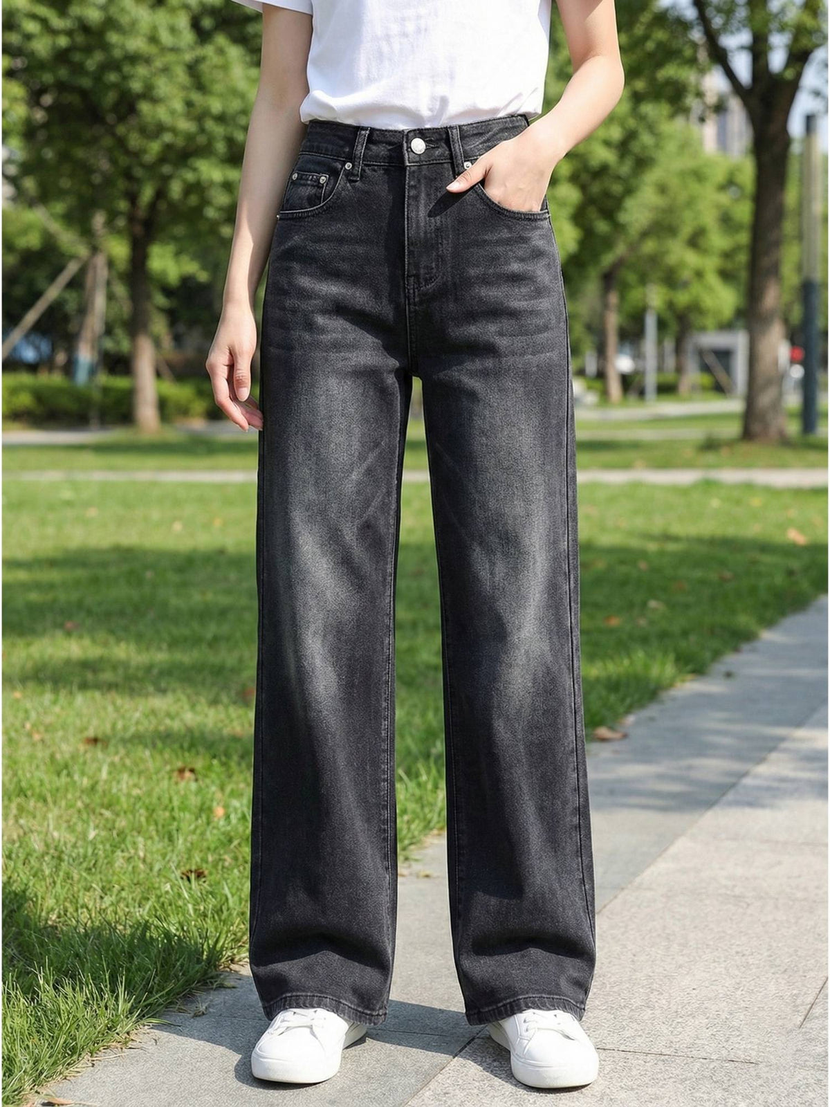 Black Women Mid Waist Cotton Solid Wide Leg Jeans | WL90 - view 1