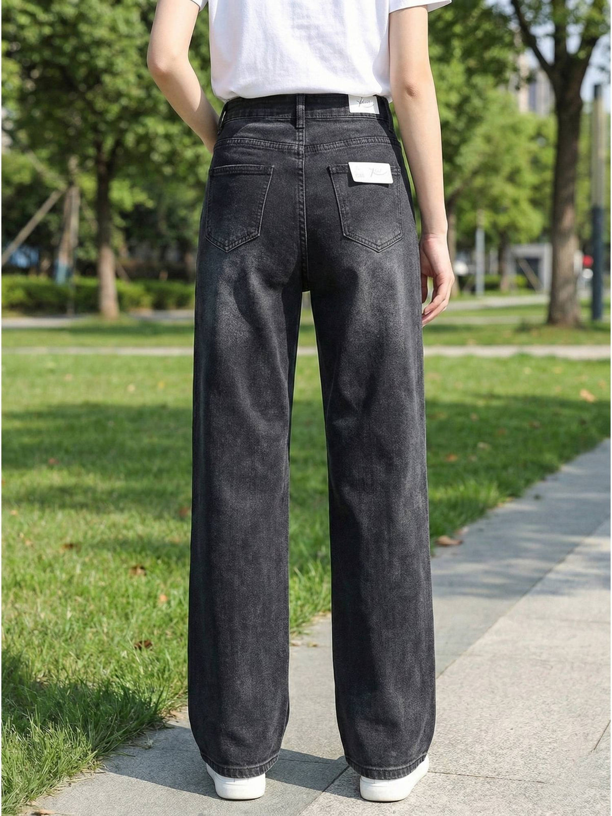 Black Women Mid Waist Cotton Solid Wide Leg Jeans | WL90 - view 2
