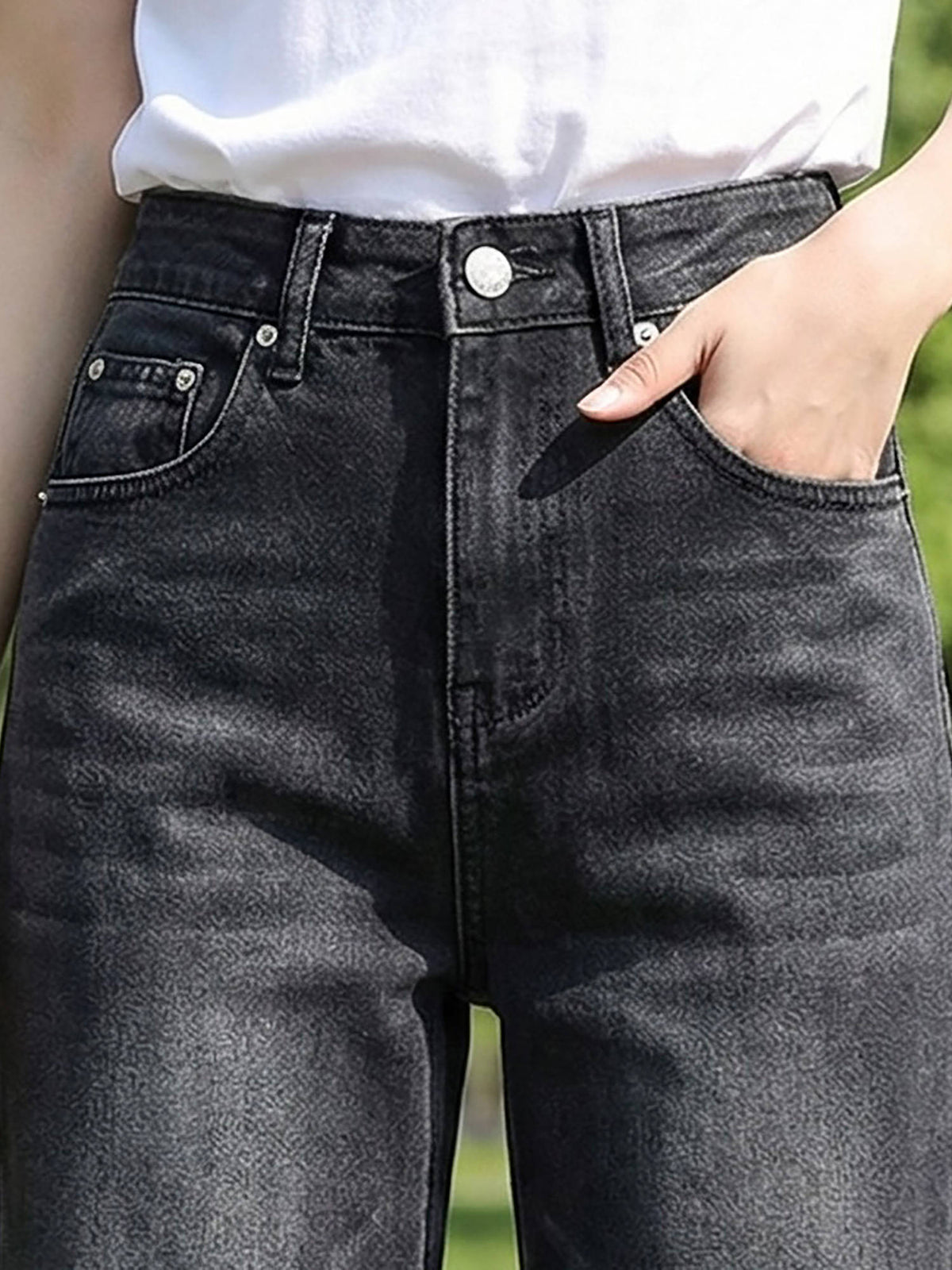 Black Women Mid Waist Cotton Solid Wide Leg Jeans | WL90 - view 3