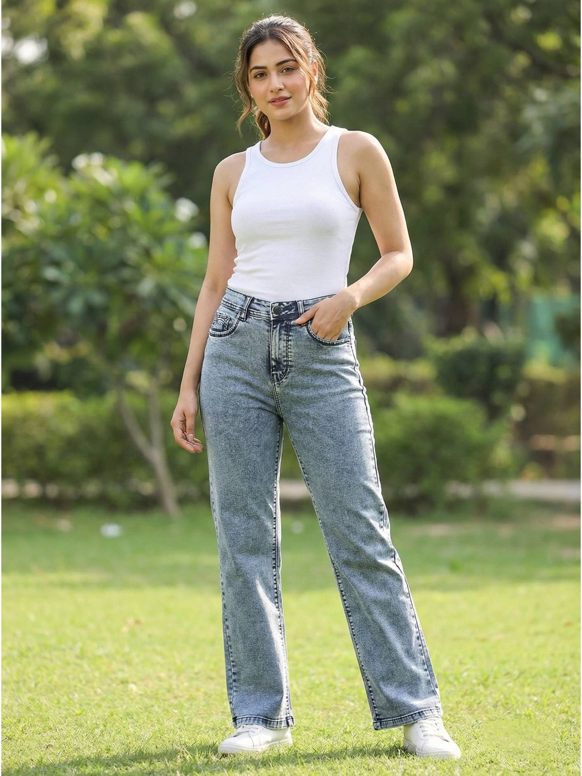 Women Mid Waist Cotton Solid Blue Straight Leg Jeans | ST23 - view 1