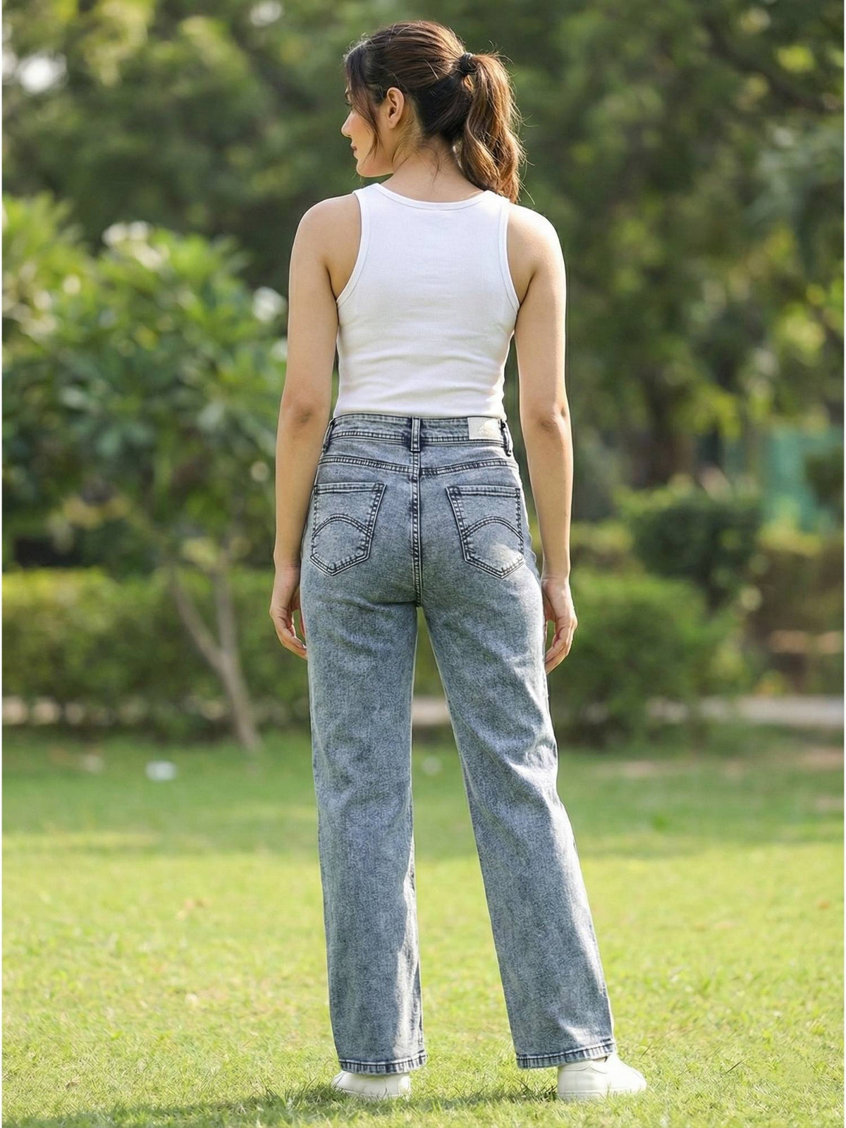 Women Mid Waist Cotton Solid Blue Straight Leg Jeans | ST23 - view 2