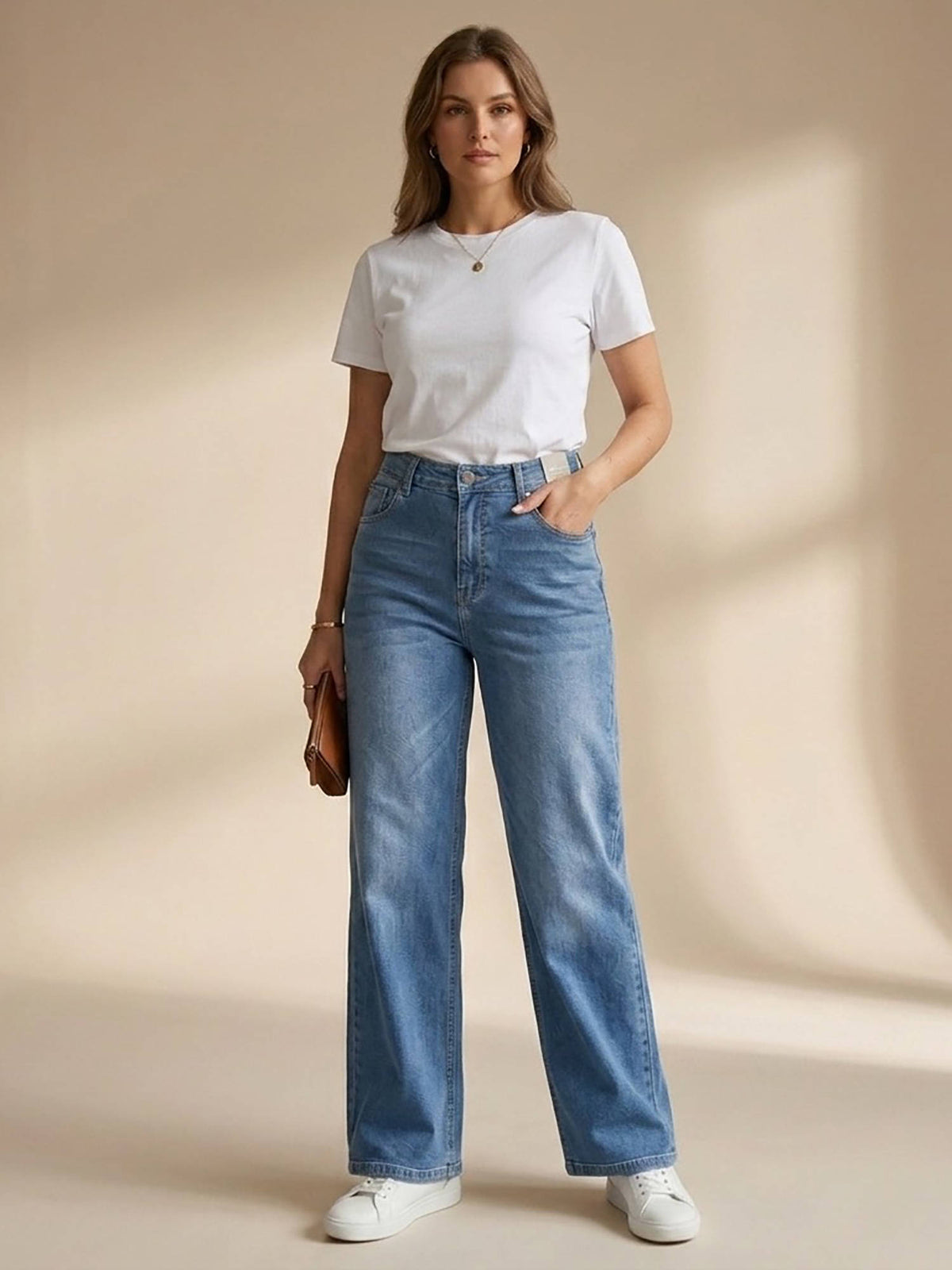 Blue Women High Waist Solid Cotton Straight Leg Jeans | ST23 - view 2