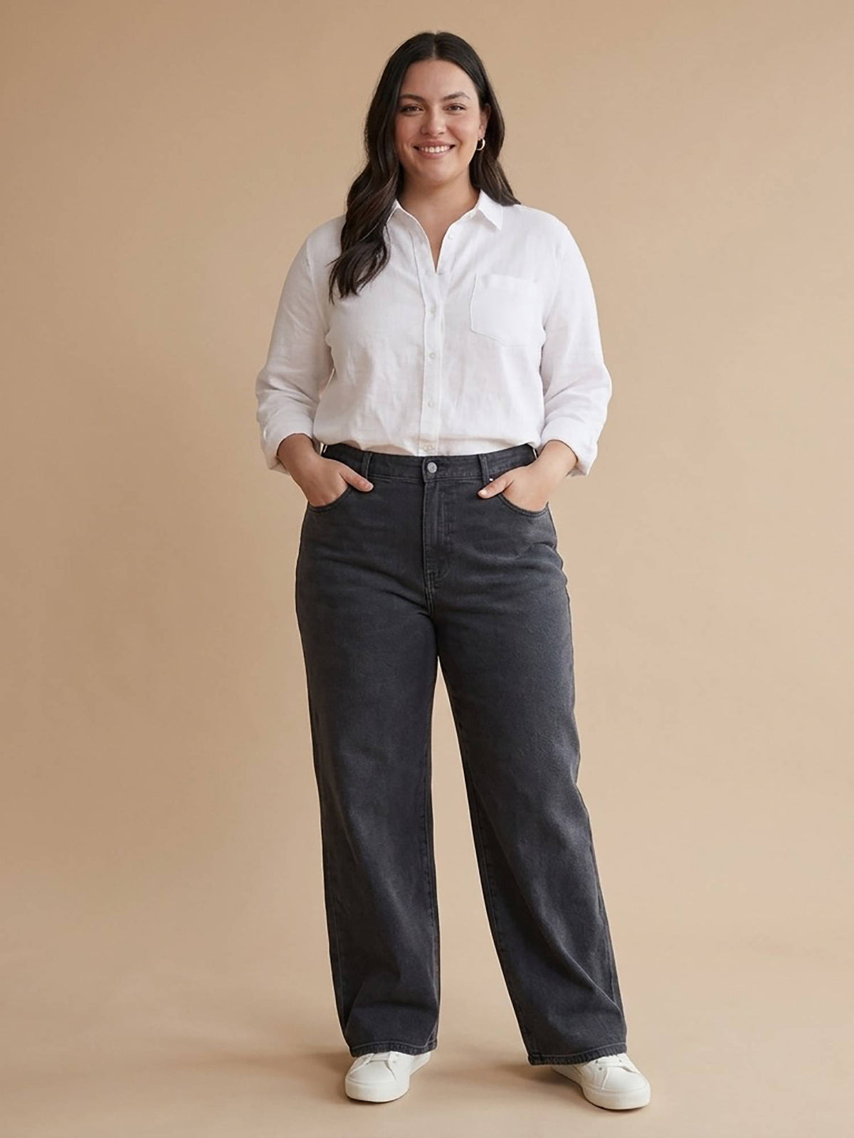 Black Women's High Waist Cotton Solid Wide Leg Jeans | WL90 - view 4