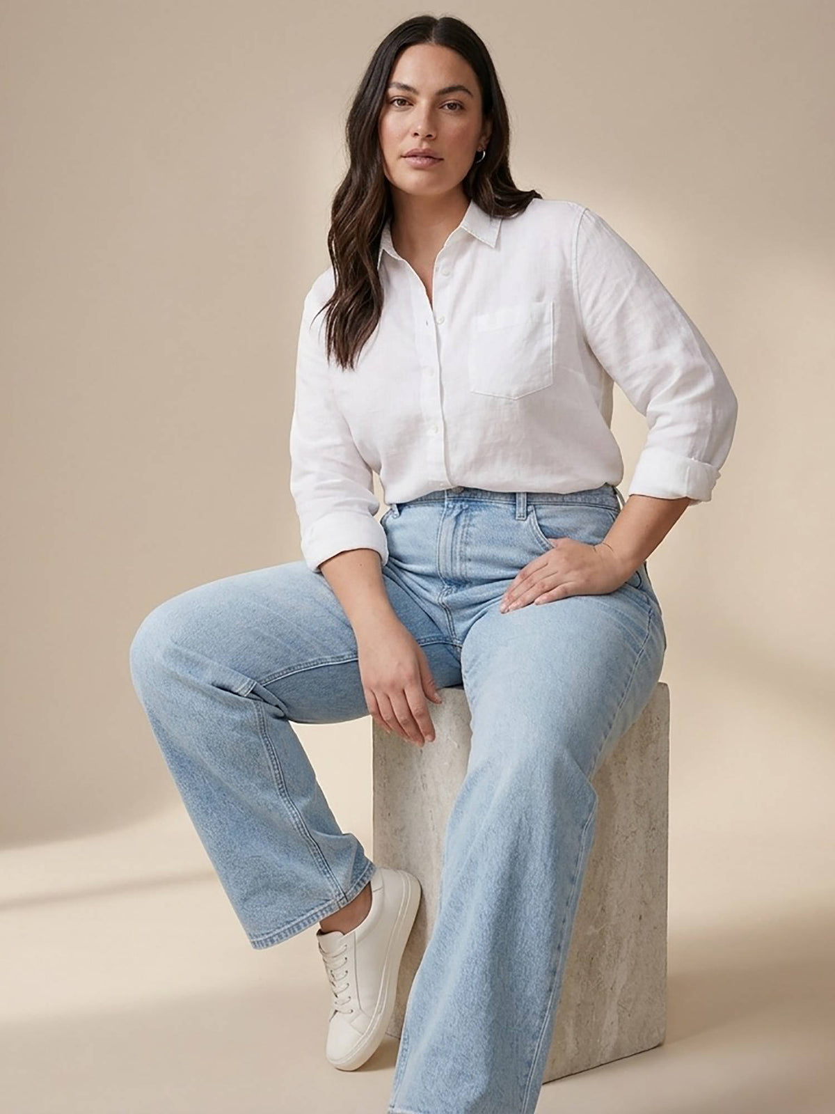 Blue Cotton Womens High Waist Solid Wide Leg Jeans | ST23 - view 3