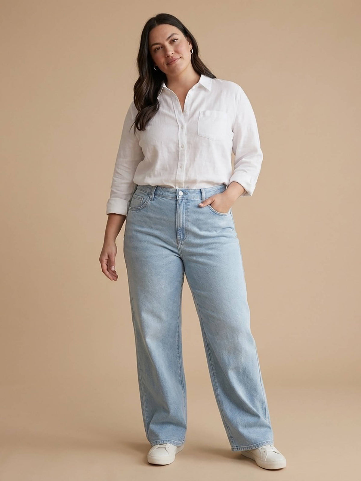 Blue Cotton Womens High Waist Solid Wide Leg Jeans | ST23 - view 5