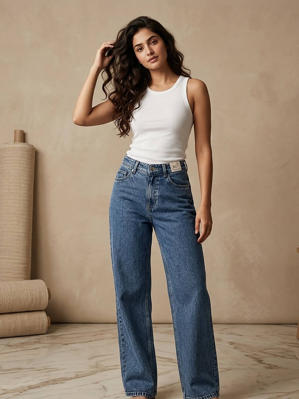 Blue Women Cotton High Waist Solid Straight Leg Jeans | ST23 - view 1