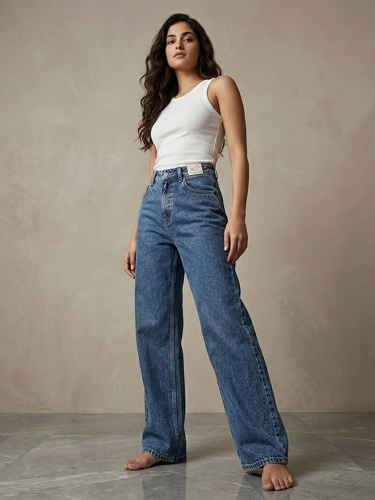 Blue Women Cotton High Waist Solid Straight Leg Jeans | ST23 - view 2