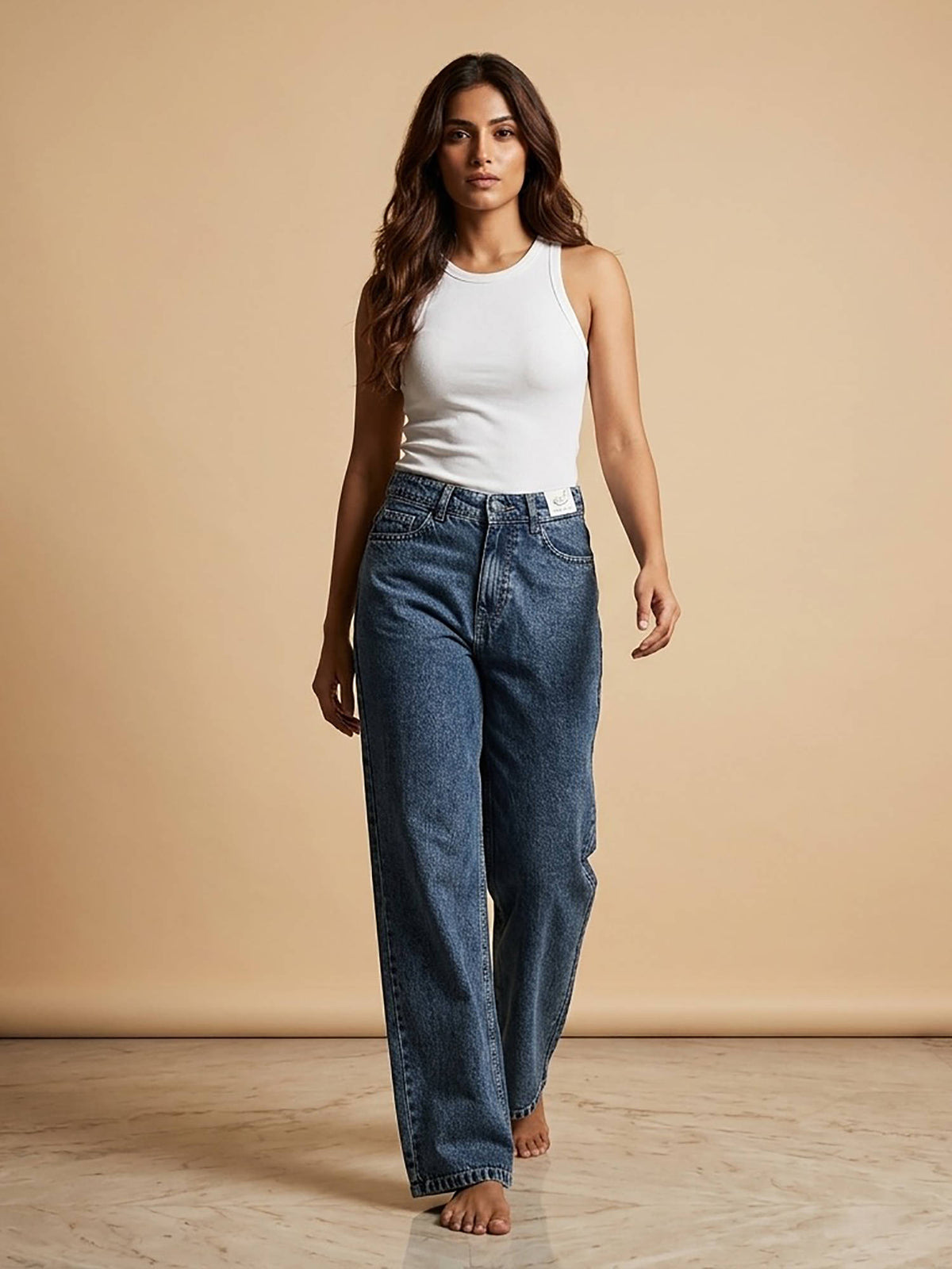 Blue Women Cotton High Waist Solid Straight Leg Jeans | ST23 - view 3