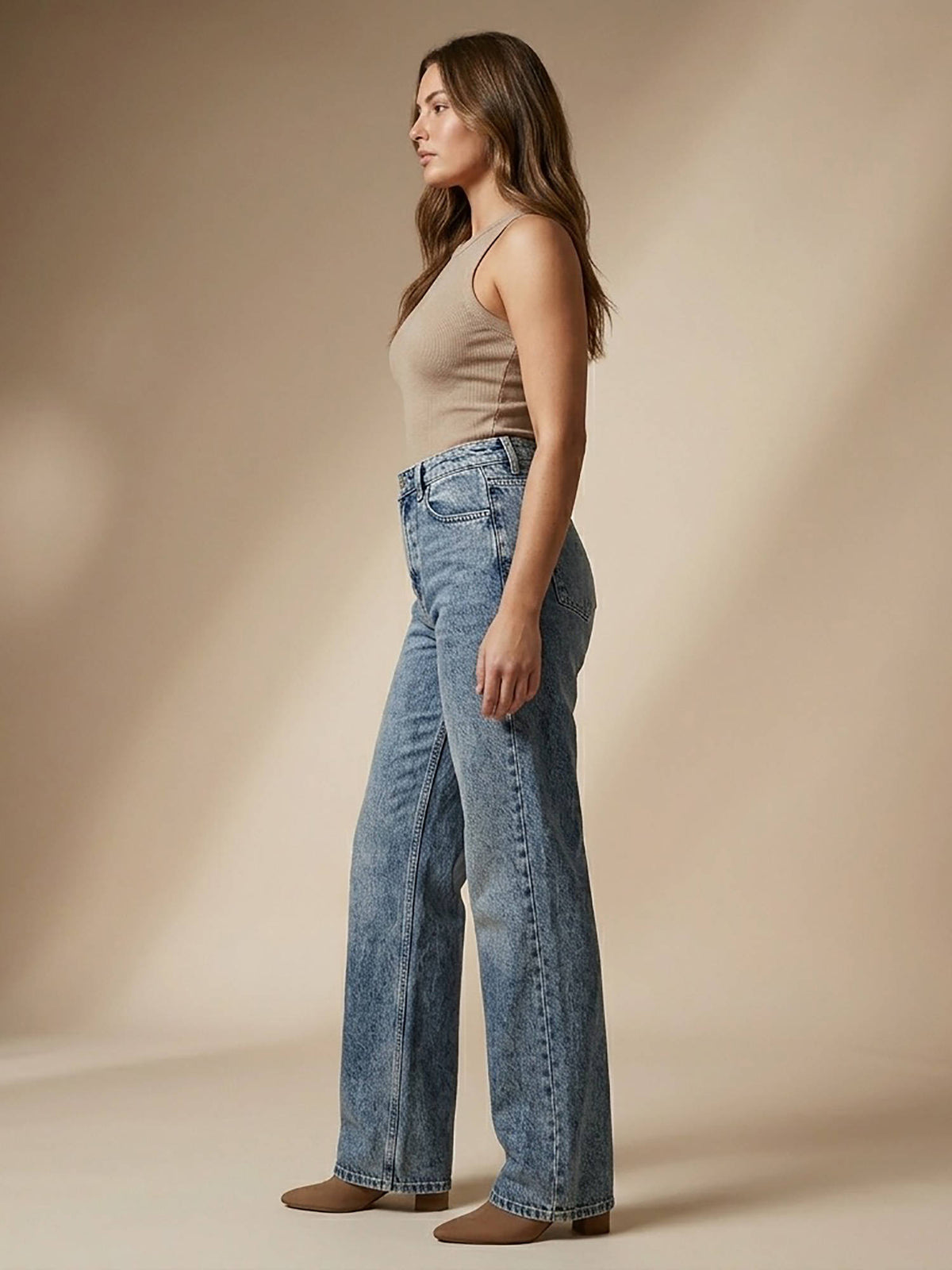 Blue Cotton Women High Waist Solid Straight Leg Jeans | ST23 - view 4