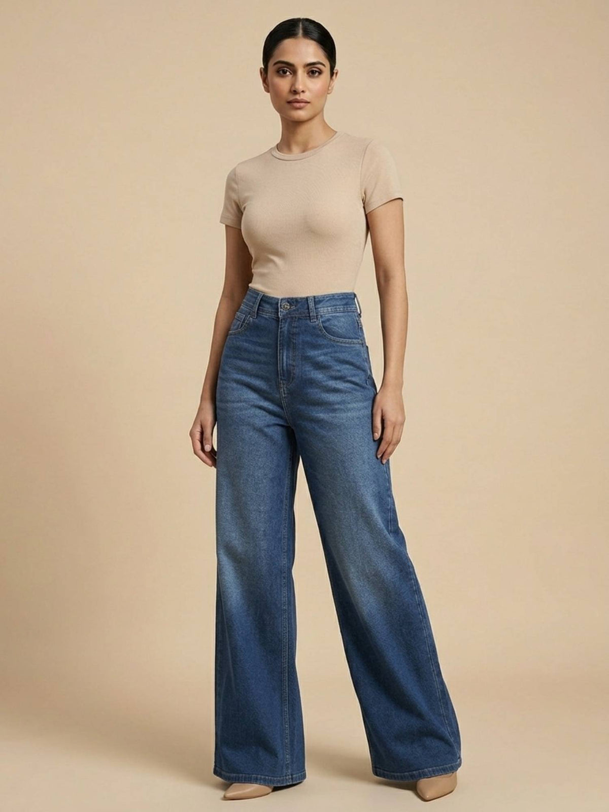 Blue Cotton Solid Womens High Waist Wide Leg Jeans | WL90 - view 1
