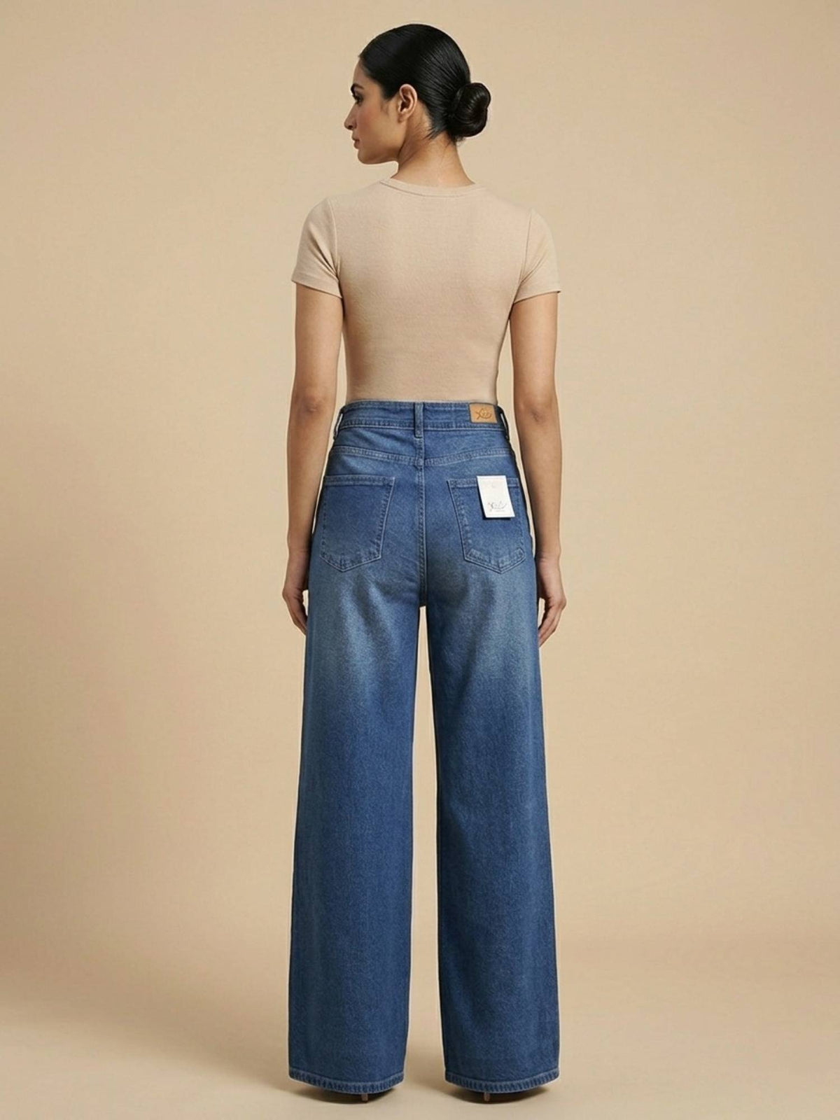 Blue Cotton Solid Womens High Waist Wide Leg Jeans | WL90 - view 2
