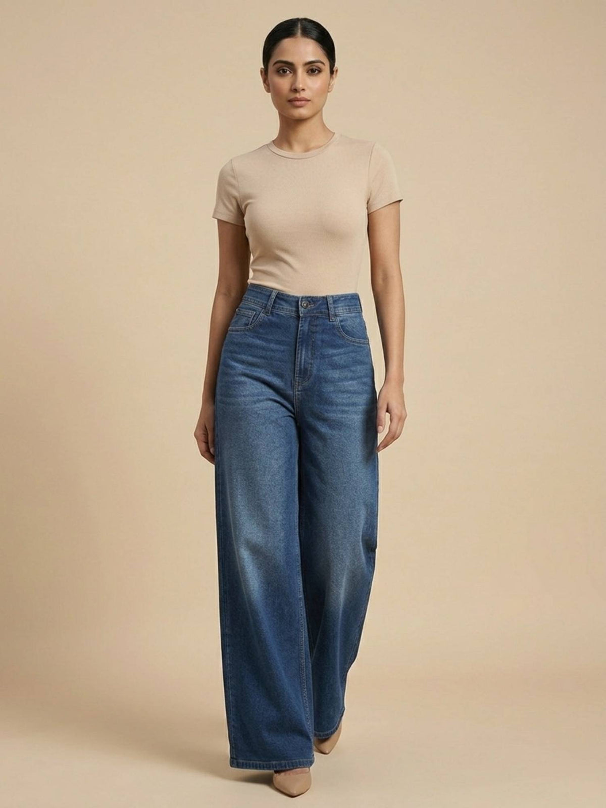 Blue Cotton Solid Womens High Waist Wide Leg Jeans | WL90 - view 3