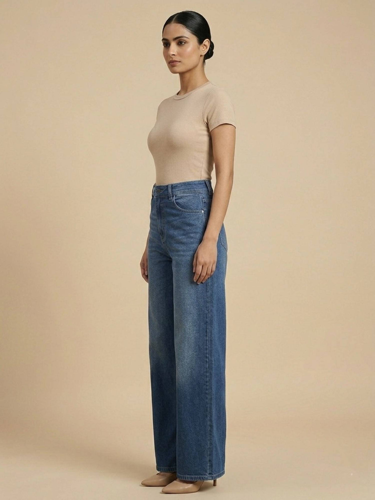 Blue Cotton Solid Womens High Waist Wide Leg Jeans | WL90 - view 4