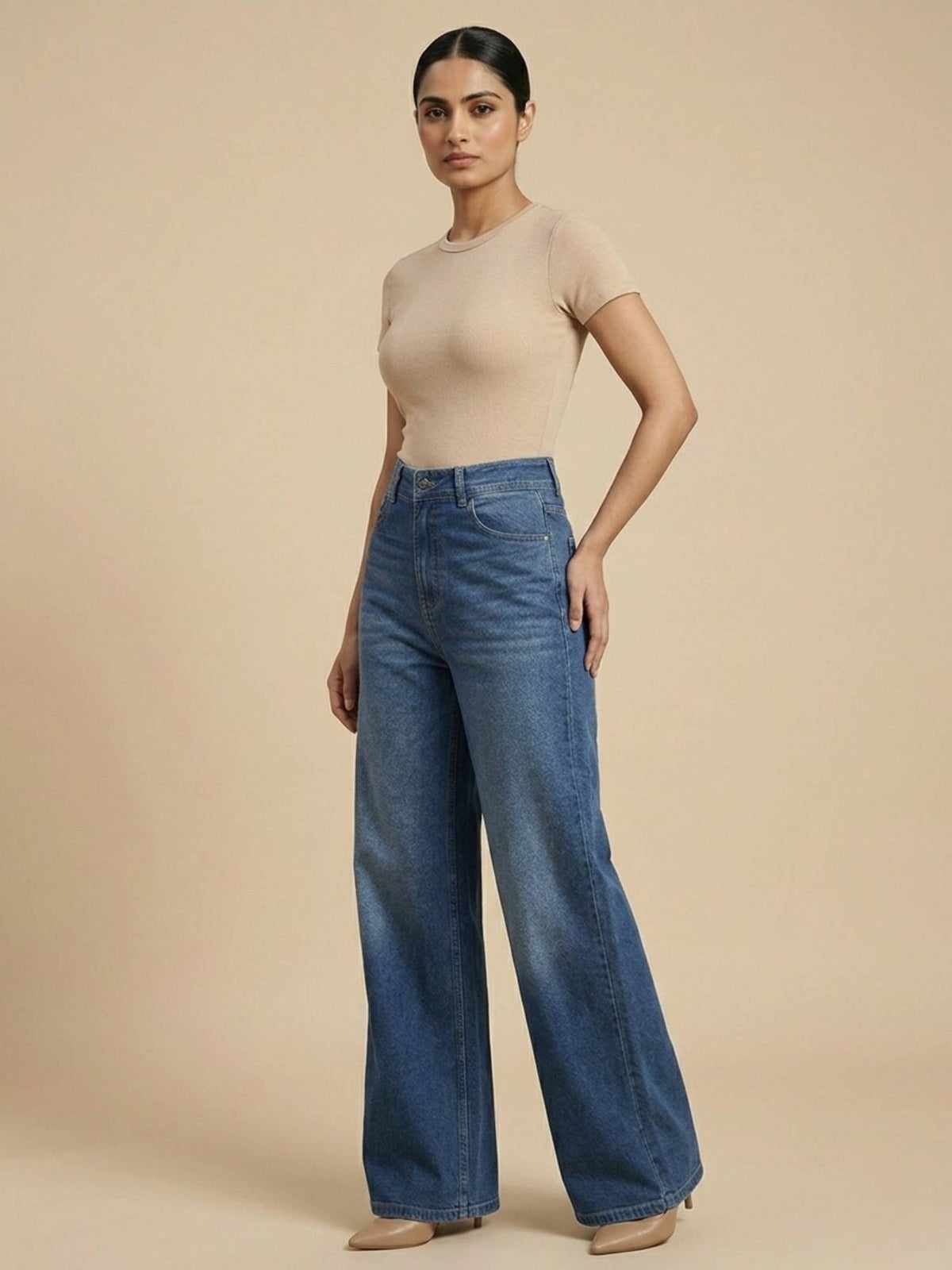 Blue Cotton Solid Womens High Waist Wide Leg Jeans | WL90 - view 5