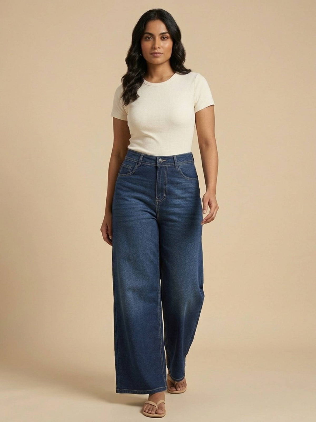 Blue Cotton Solid Women's High Waist Wide Leg Jeans | WL90 - view 1