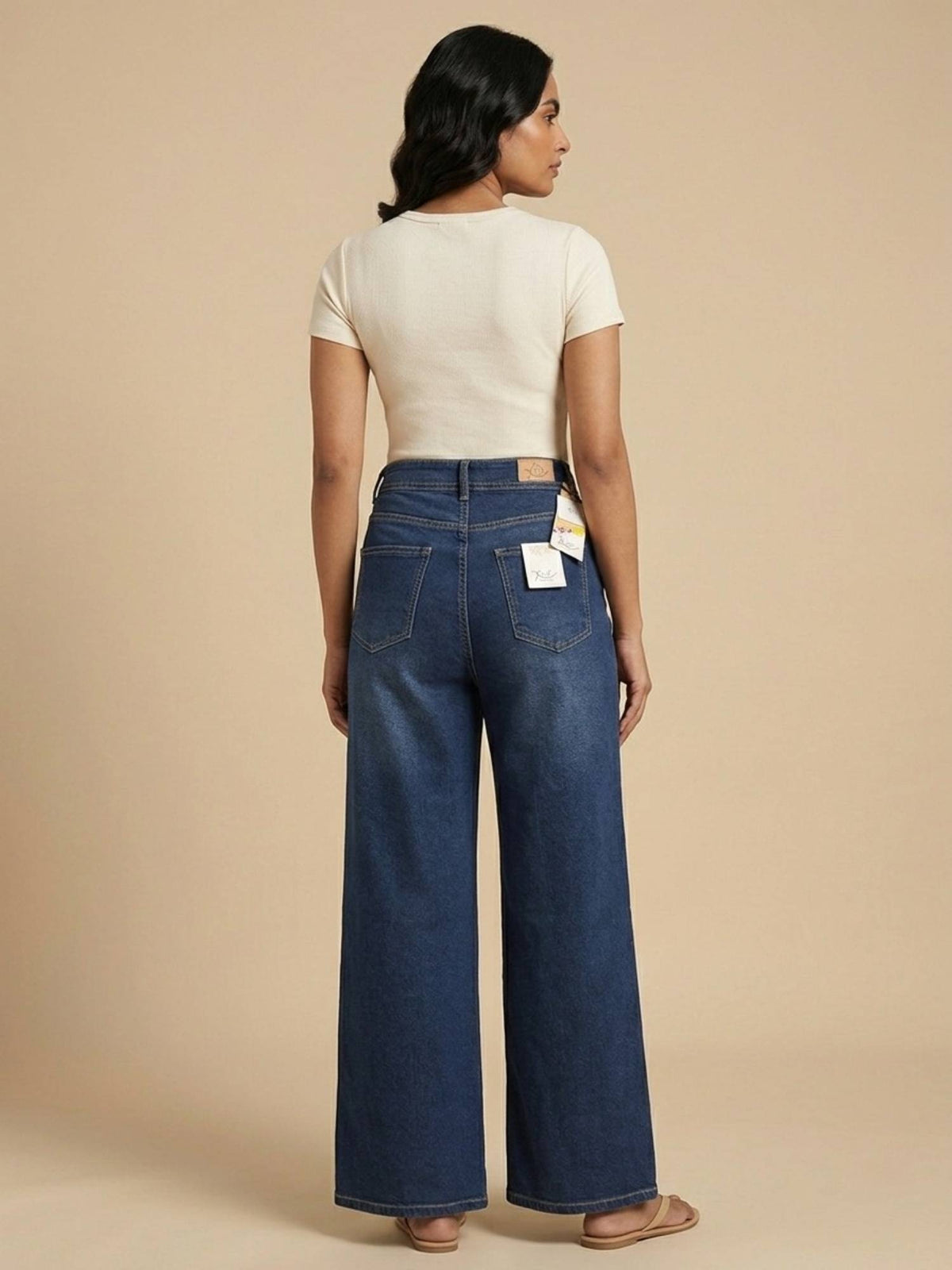 Blue Cotton Solid Women's High Waist Wide Leg Jeans | WL90 - view 2