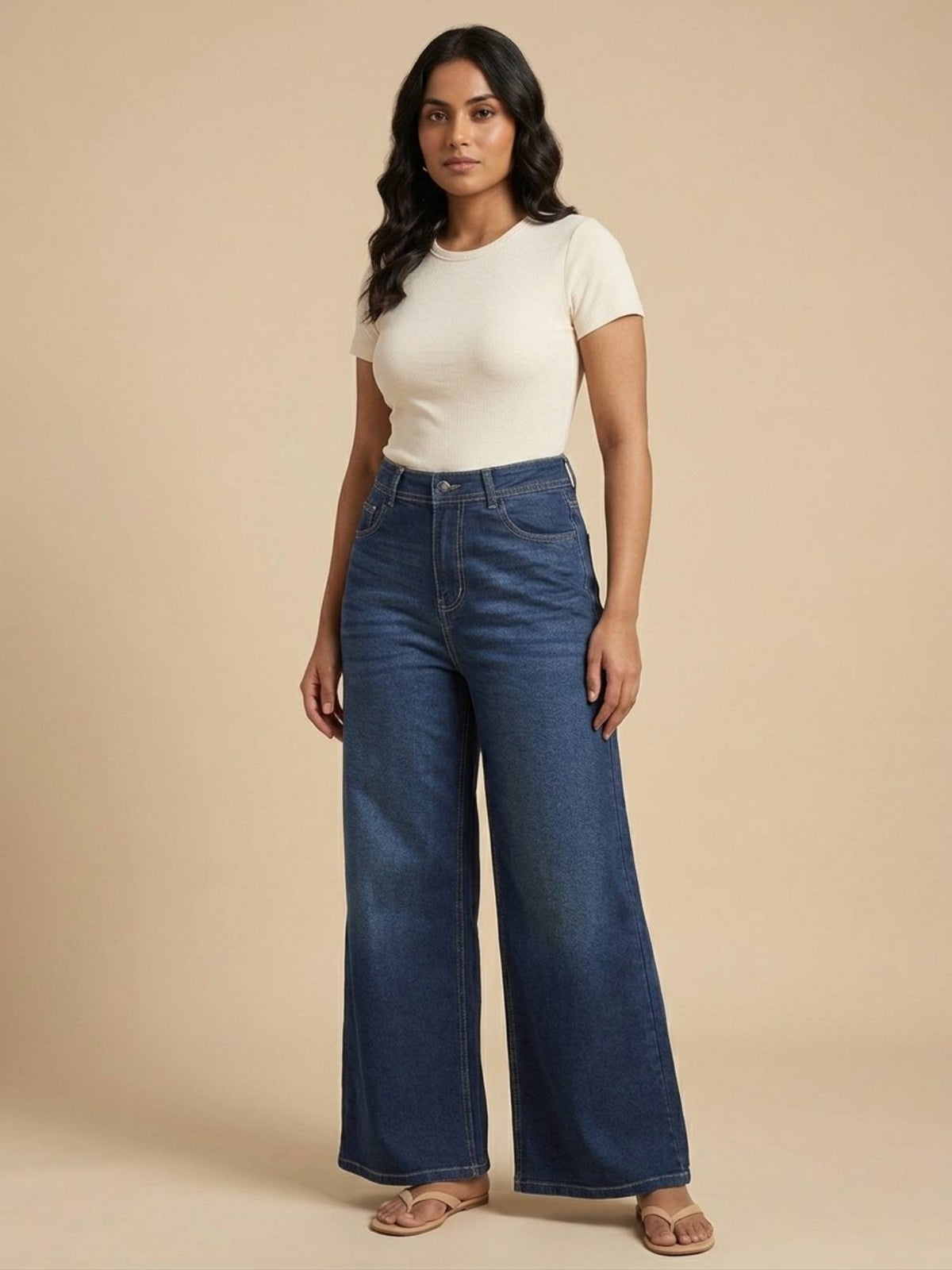 Blue Cotton Solid Women's High Waist Wide Leg Jeans | WL90 - view 3