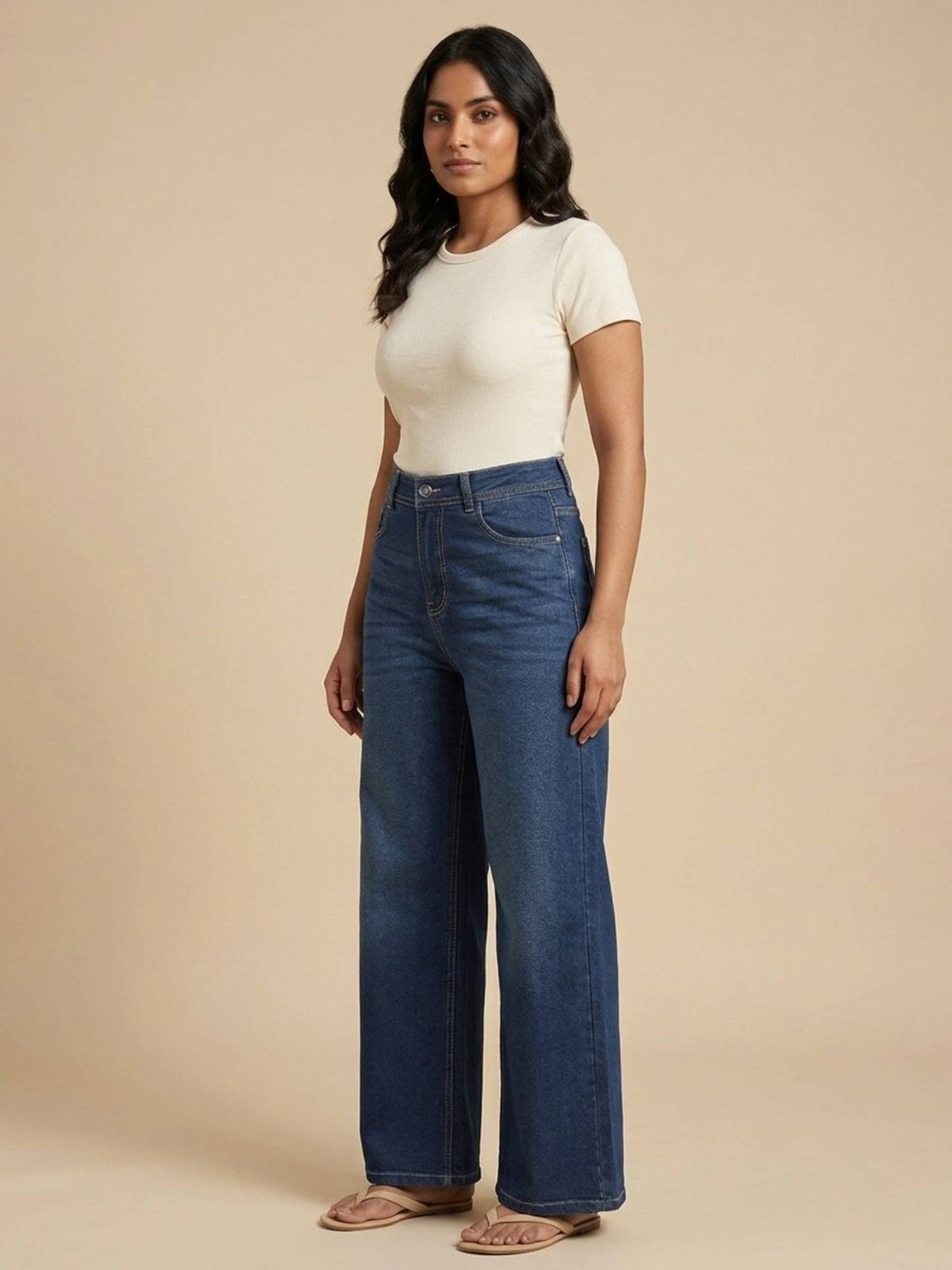 Blue Cotton Solid Women's High Waist Wide Leg Jeans | WL90 - view 4