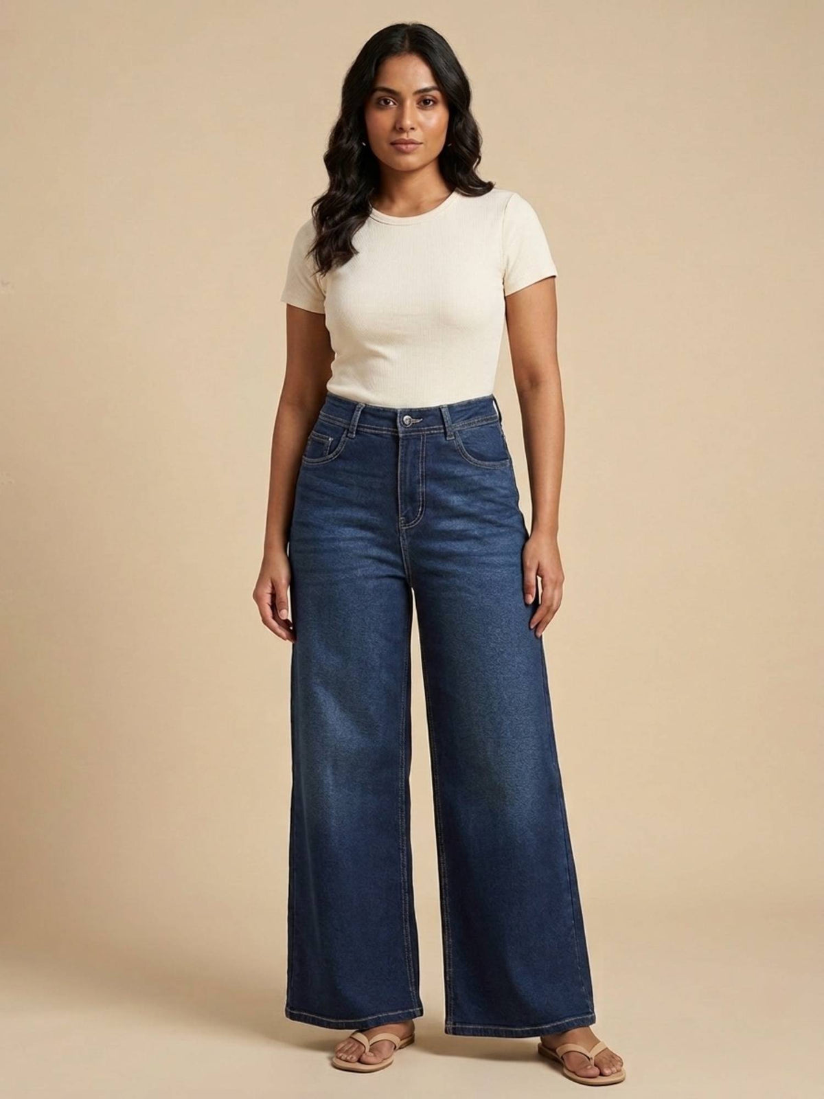 Blue Cotton Solid Women's High Waist Wide Leg Jeans | WL90 - view 5