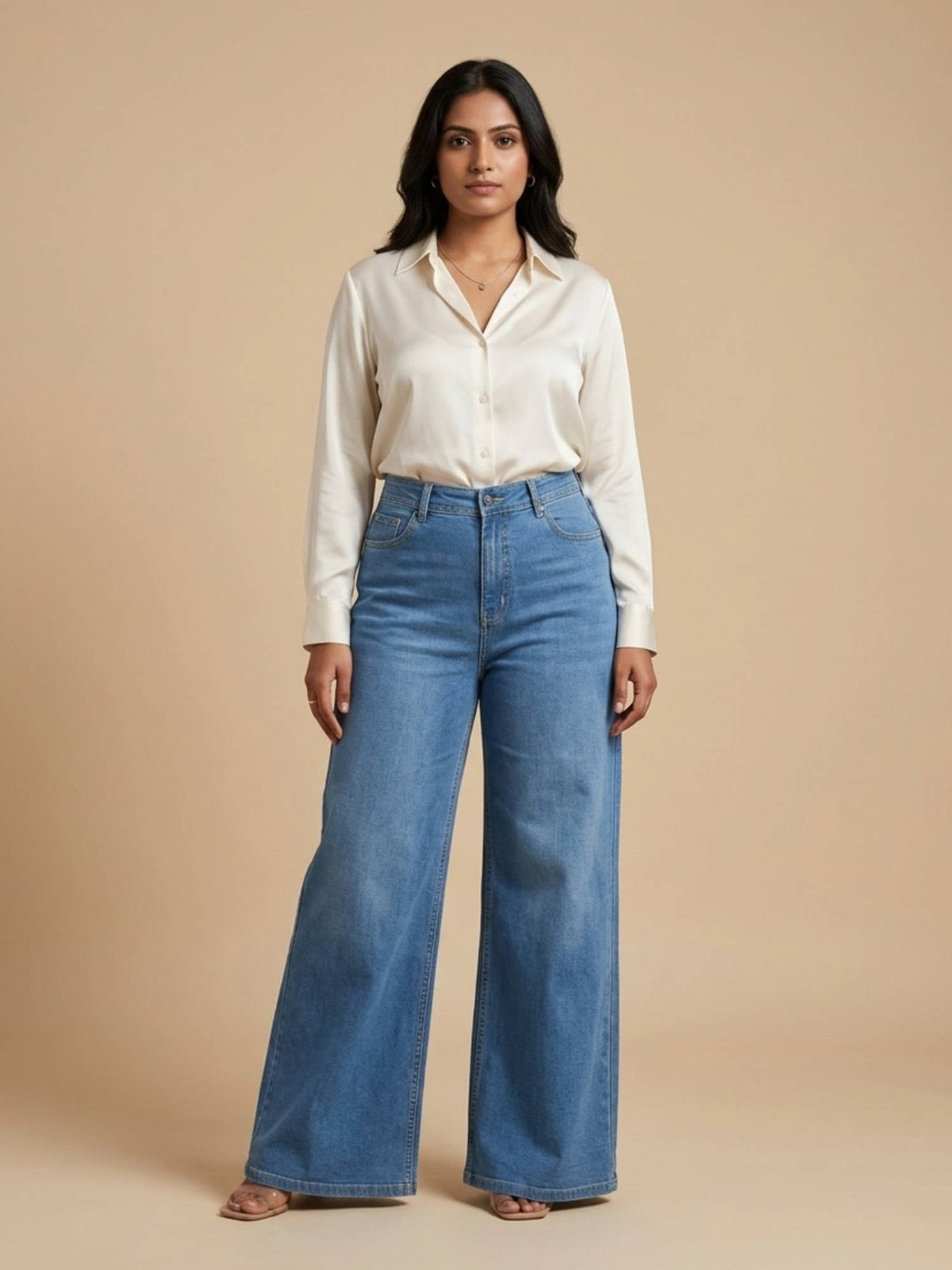 Women High Waist Cotton Blue Solid Wide Leg Jeans | WL90 - view 1