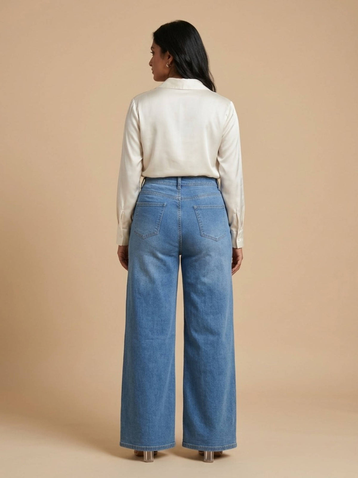 Women High Waist Cotton Blue Solid Wide Leg Jeans | WL90 - view 2