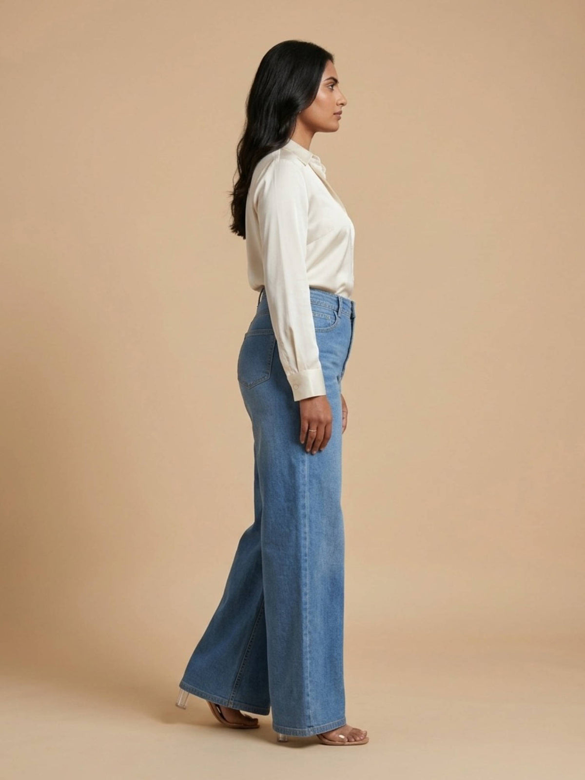 Women High Waist Cotton Blue Solid Wide Leg Jeans | WL90 - view 3