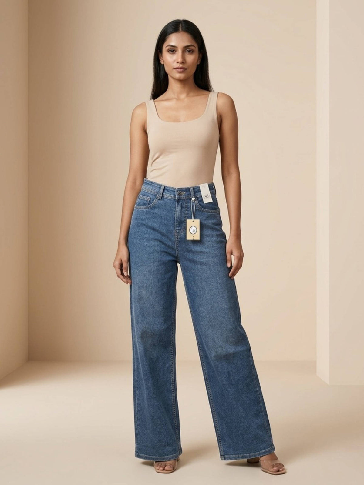 Women Cotton High Waist Solid Straight Leg Blue Jeans | ST23 - view 1