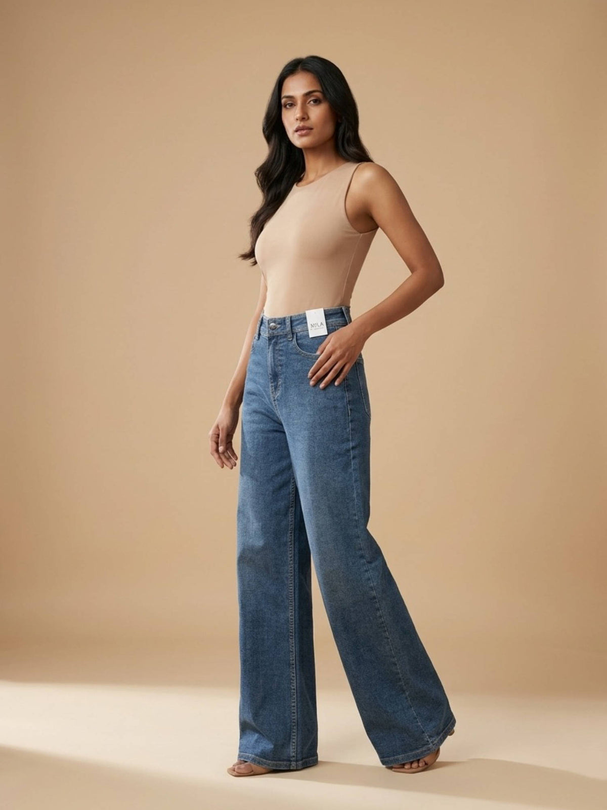 Women Cotton High Waist Solid Straight Leg Blue Jeans | ST23 - view 3