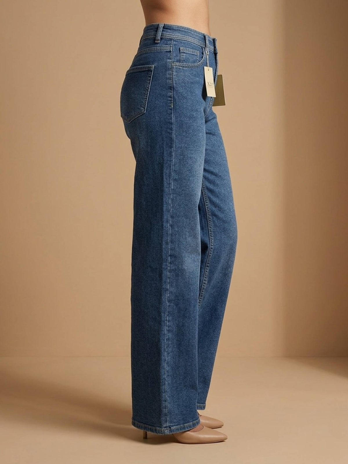 Women Cotton High Waist Solid Straight Leg Blue Jeans | ST23 - view 4