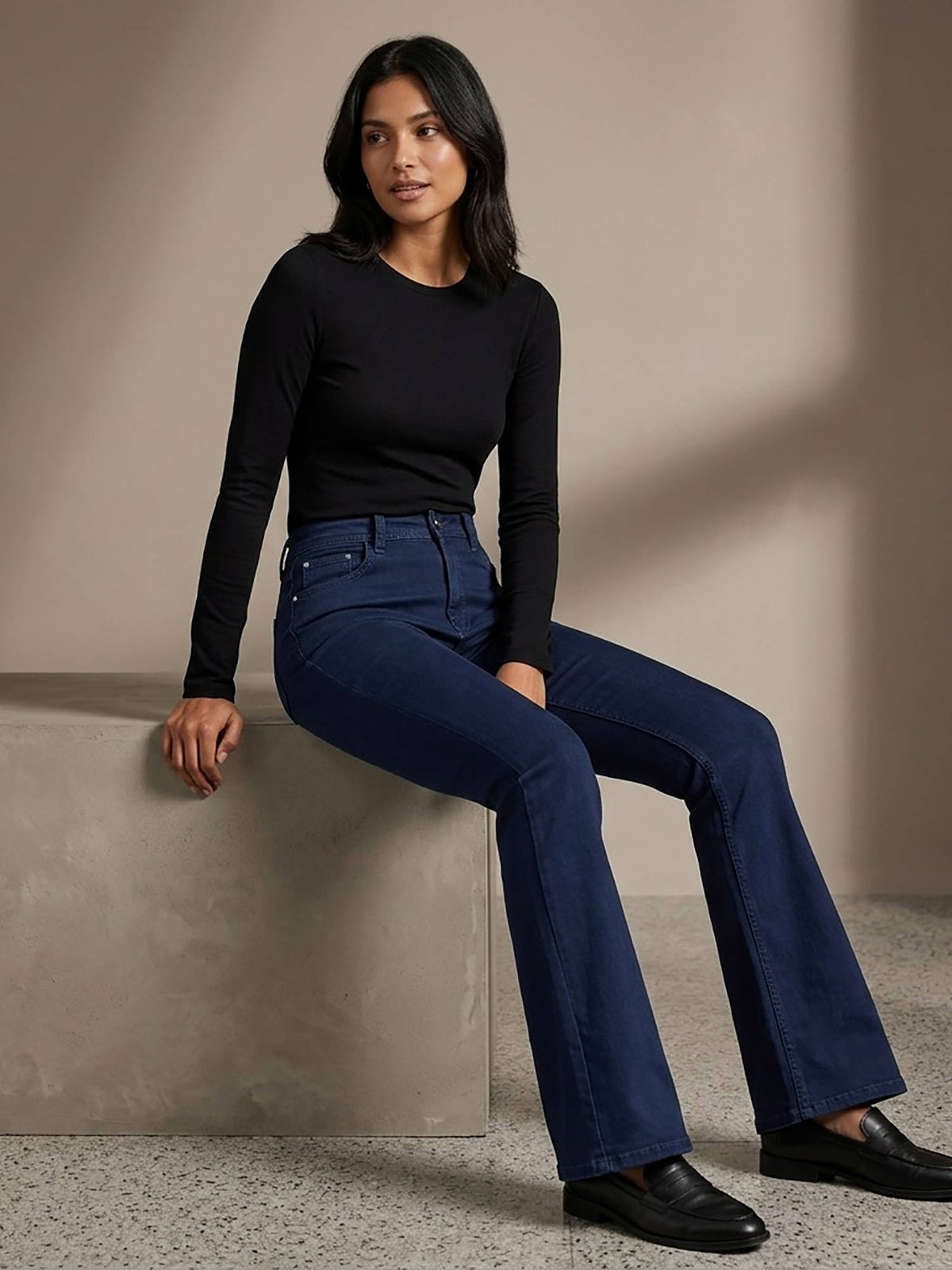 Navy Blue Women High Waist Cotton Solid Wide Leg Jeans | WL90 - view 2