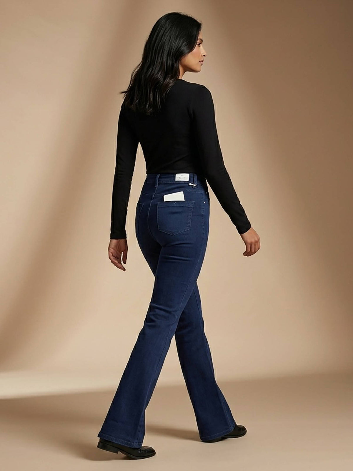 Navy Blue Women High Waist Cotton Solid Wide Leg Jeans | WL90 - view 3