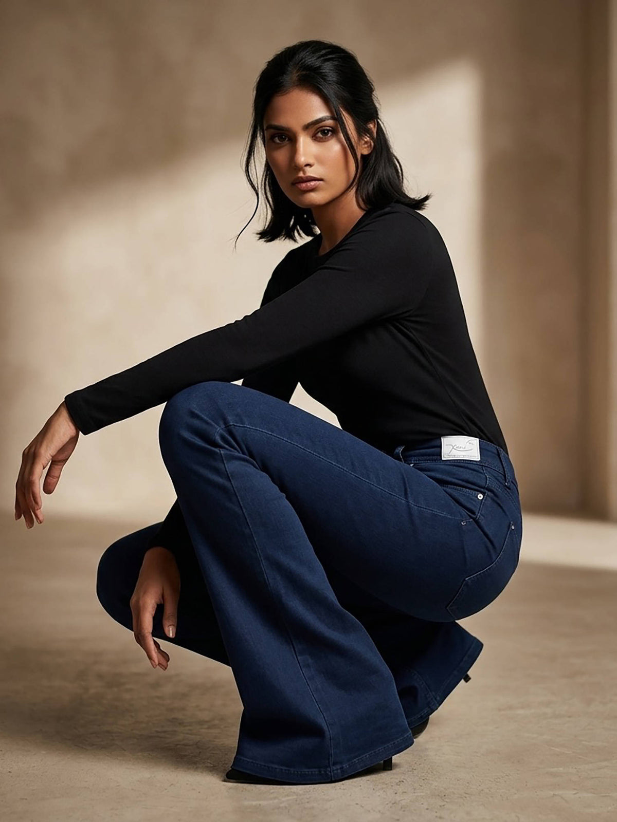 Navy Blue Women High Waist Cotton Solid Wide Leg Jeans | WL90 - view 4