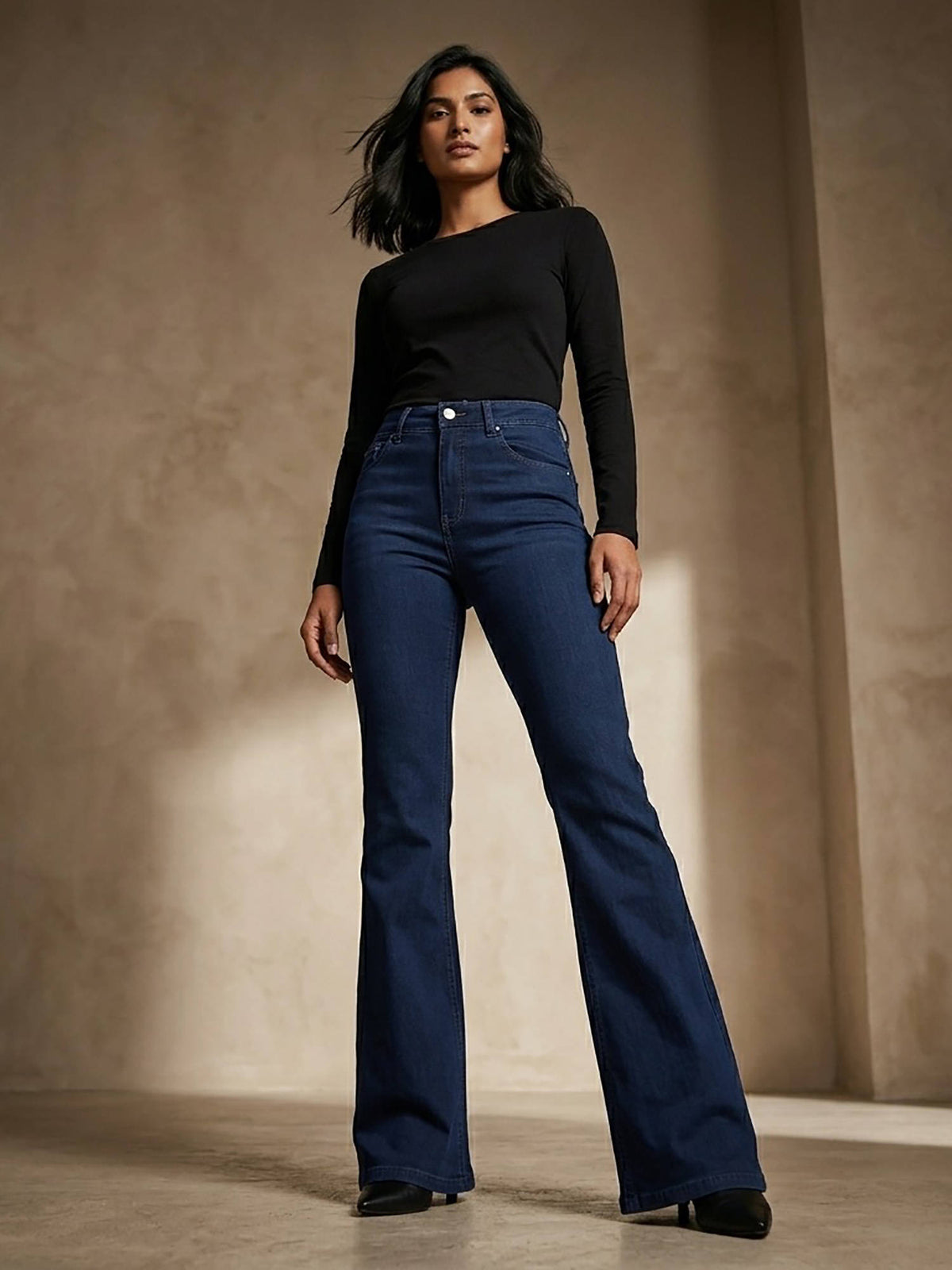 Navy Blue Women High Waist Cotton Solid Wide Leg Jeans | WL90 - view 5