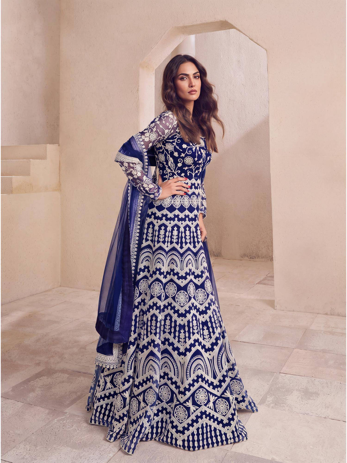 Women Navy Blue Floral Thread Embroidered Anarkali Kurta with Dupatta | FY93 - view 1