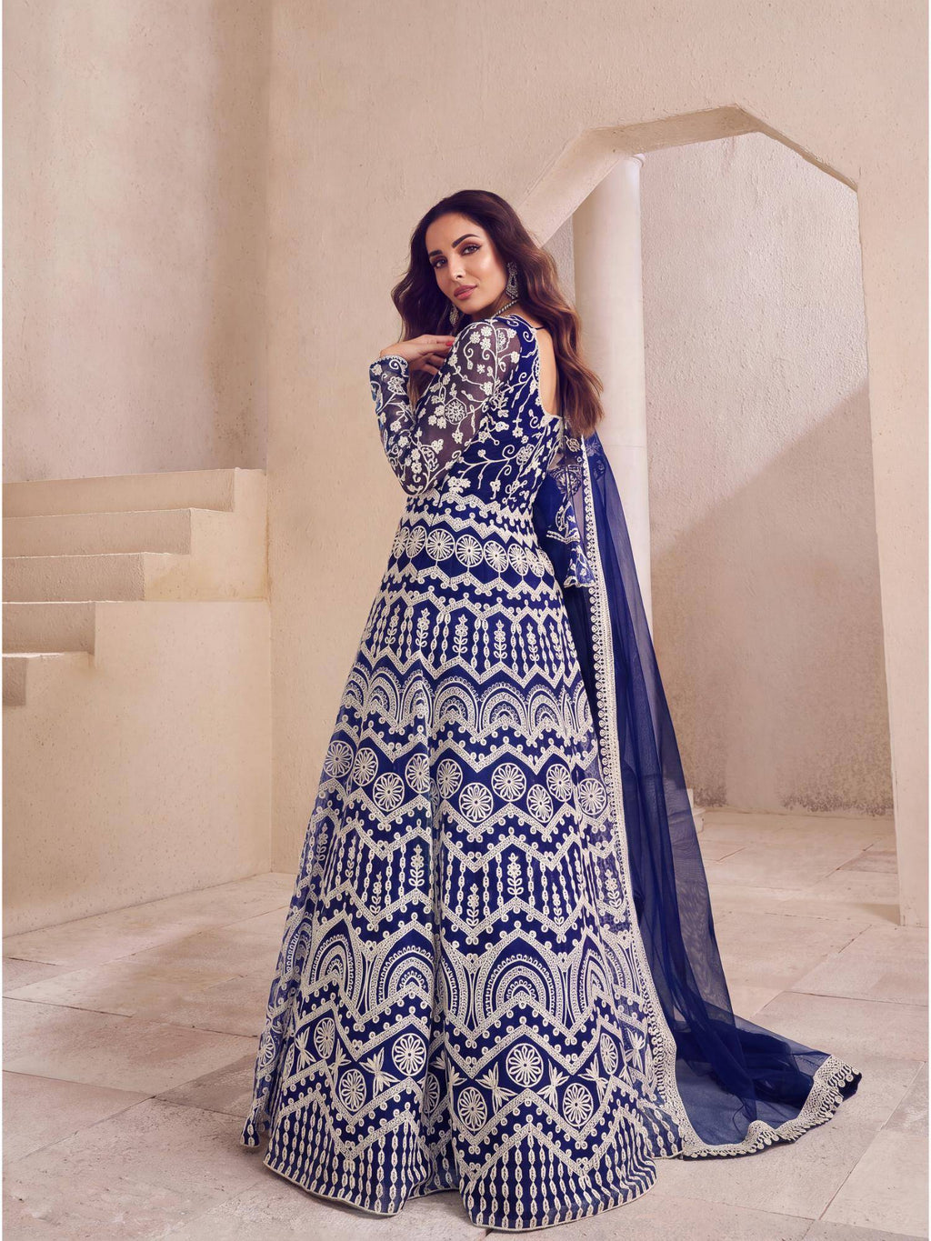 Women Navy Blue Floral Thread Embroidered Anarkali Kurta with Dupatta | FY93 - view 3