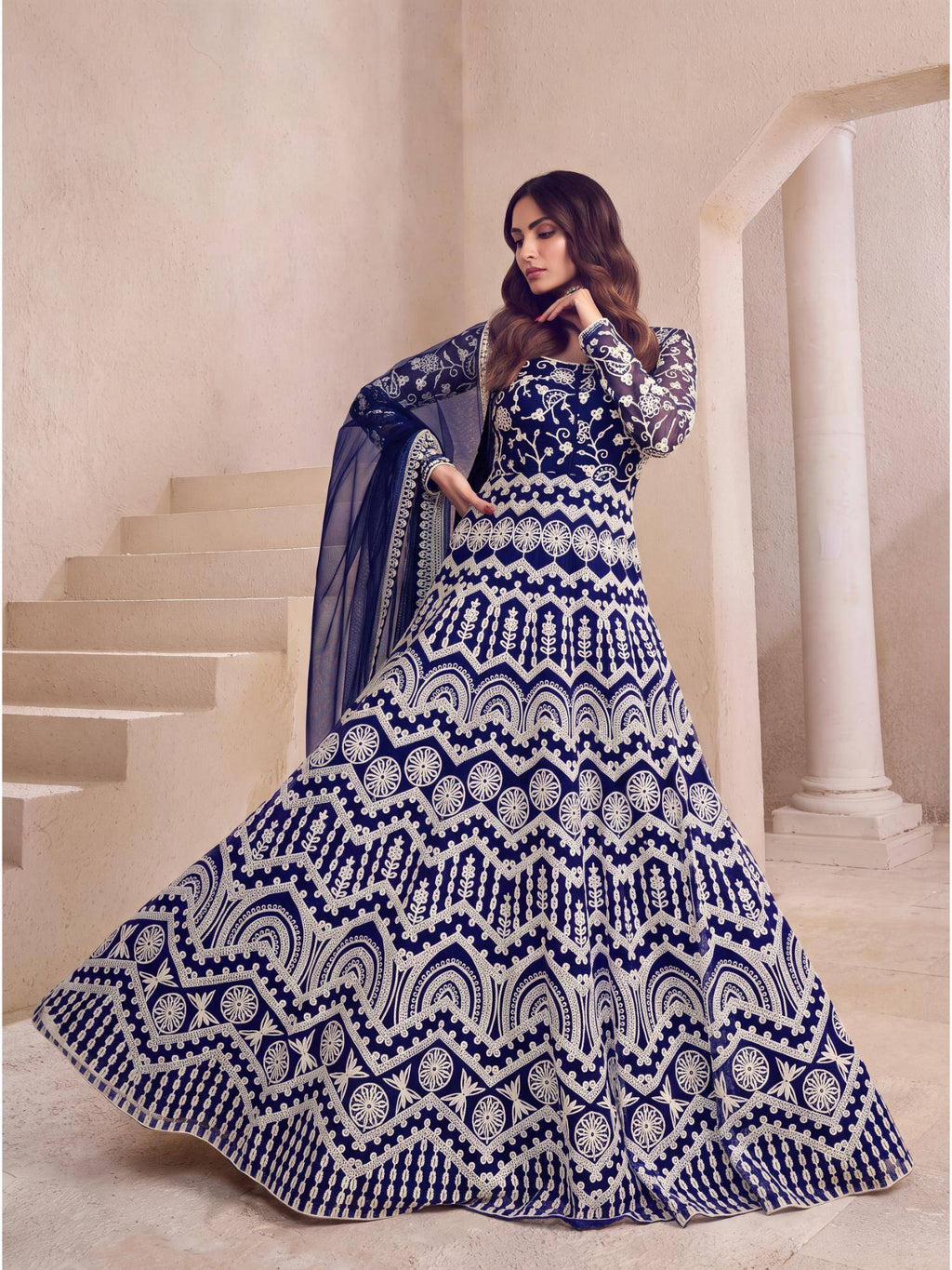 Women Navy Blue Floral Thread Embroidered Anarkali Kurta with Dupatta | FY93 - view 5