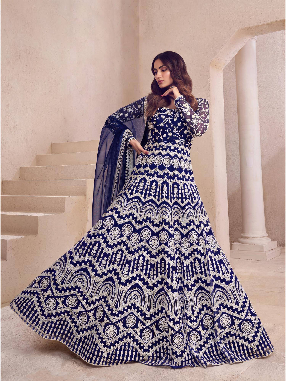 Women Navy Blue Floral Thread Embroidered Anarkali Kurta with Dupatta | FY93 - view 5