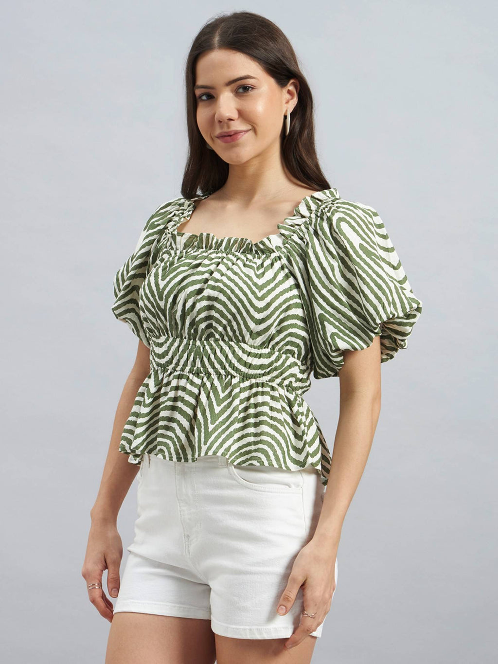 Olive Abstract Print Peplum Top | pt51 - view 3