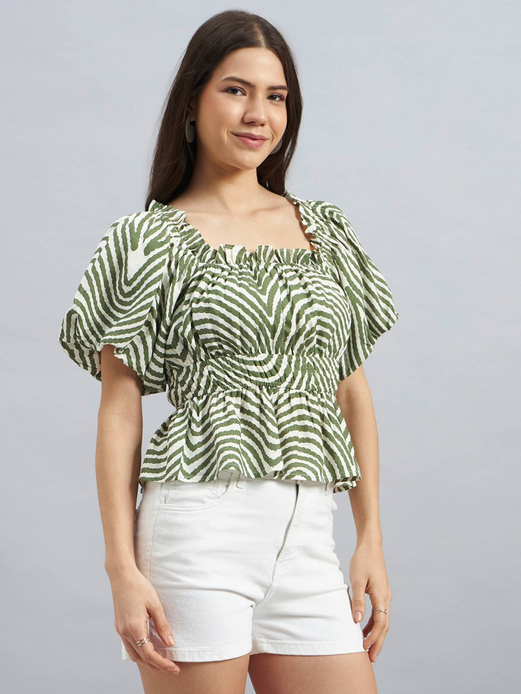 Olive Abstract Print Peplum Top | pt51 - view 4